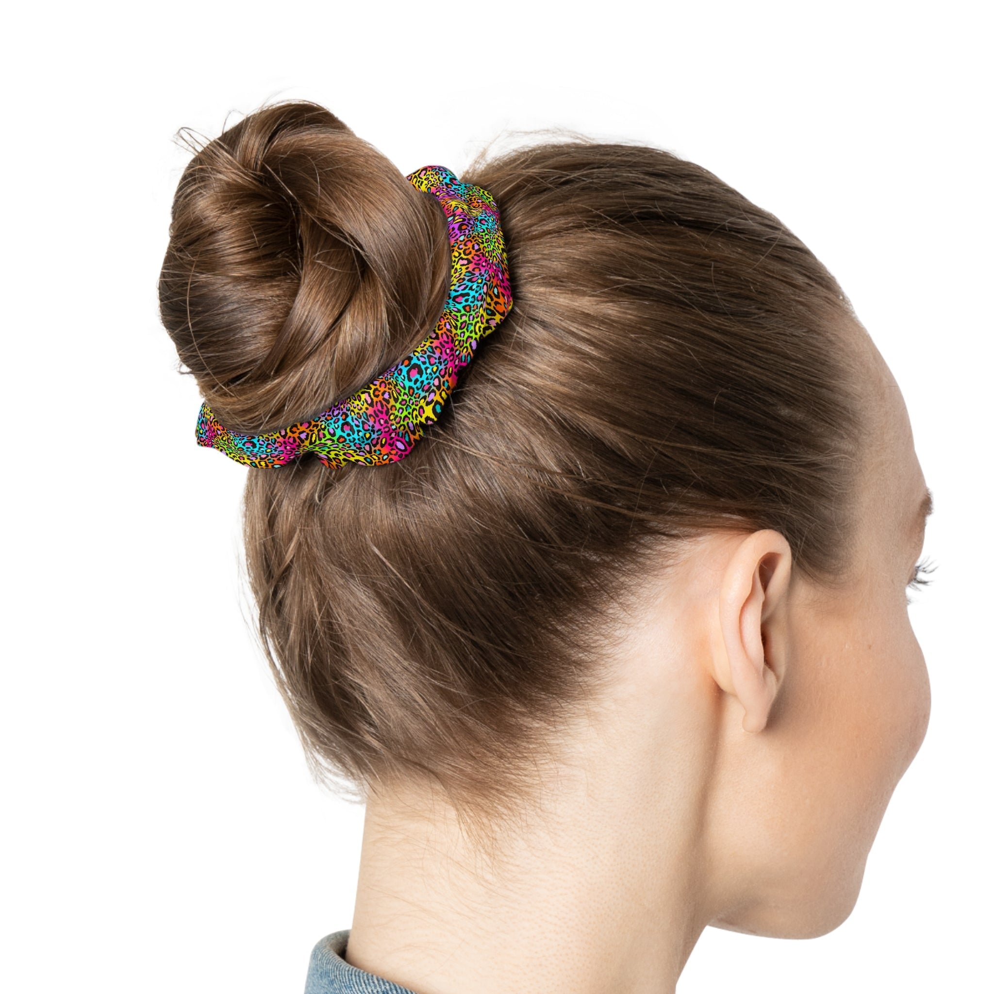 Bespattered Facade Neon Rainbow Leopard Scrunchie