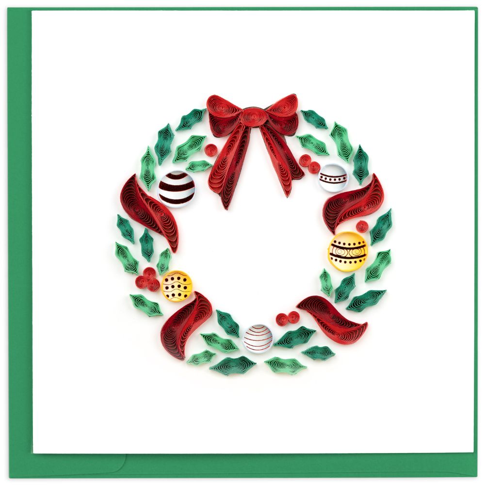 Holiday Wreath with Ornaments Quilled Greeting Card