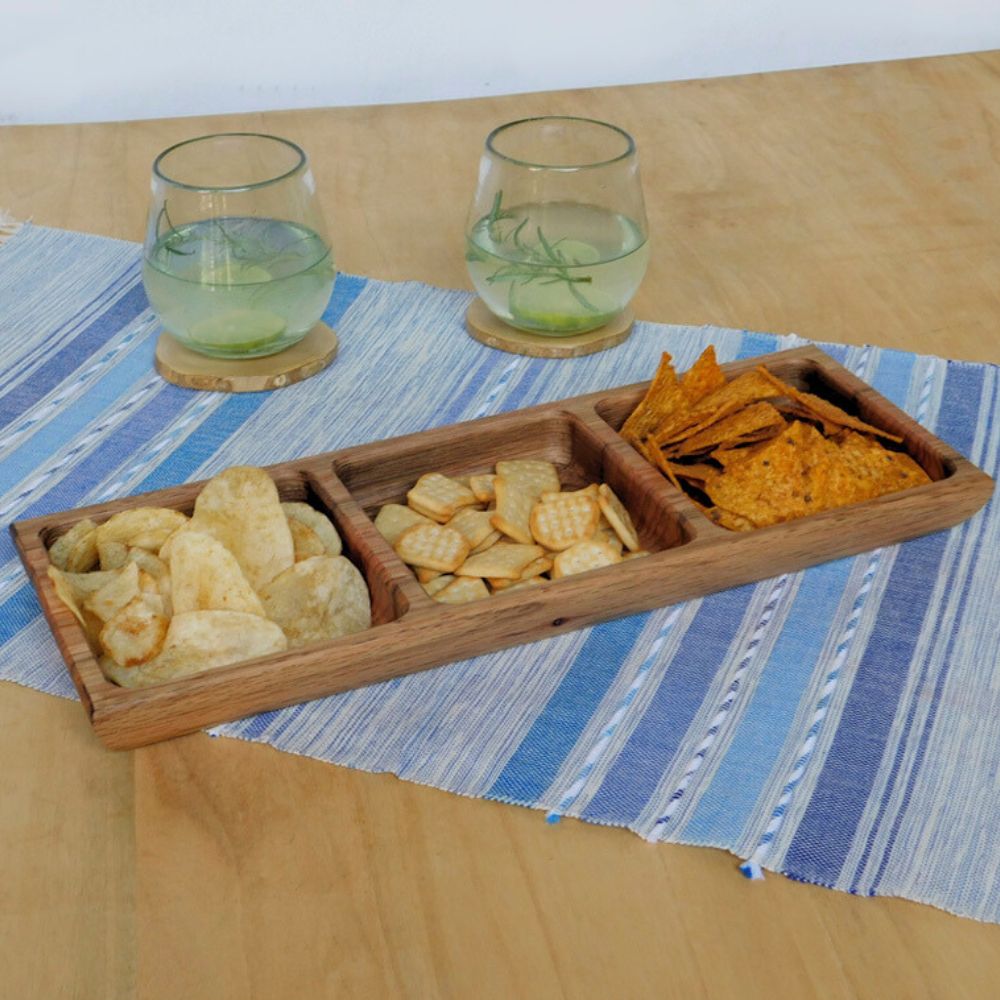 Oak Wood Triple Snack Serving Tray