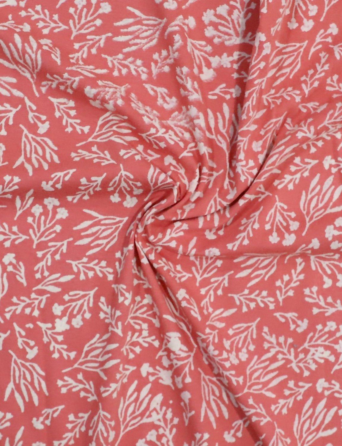 Terracotta Rose Botanical Block Printed Cotton Fabric by the Yard