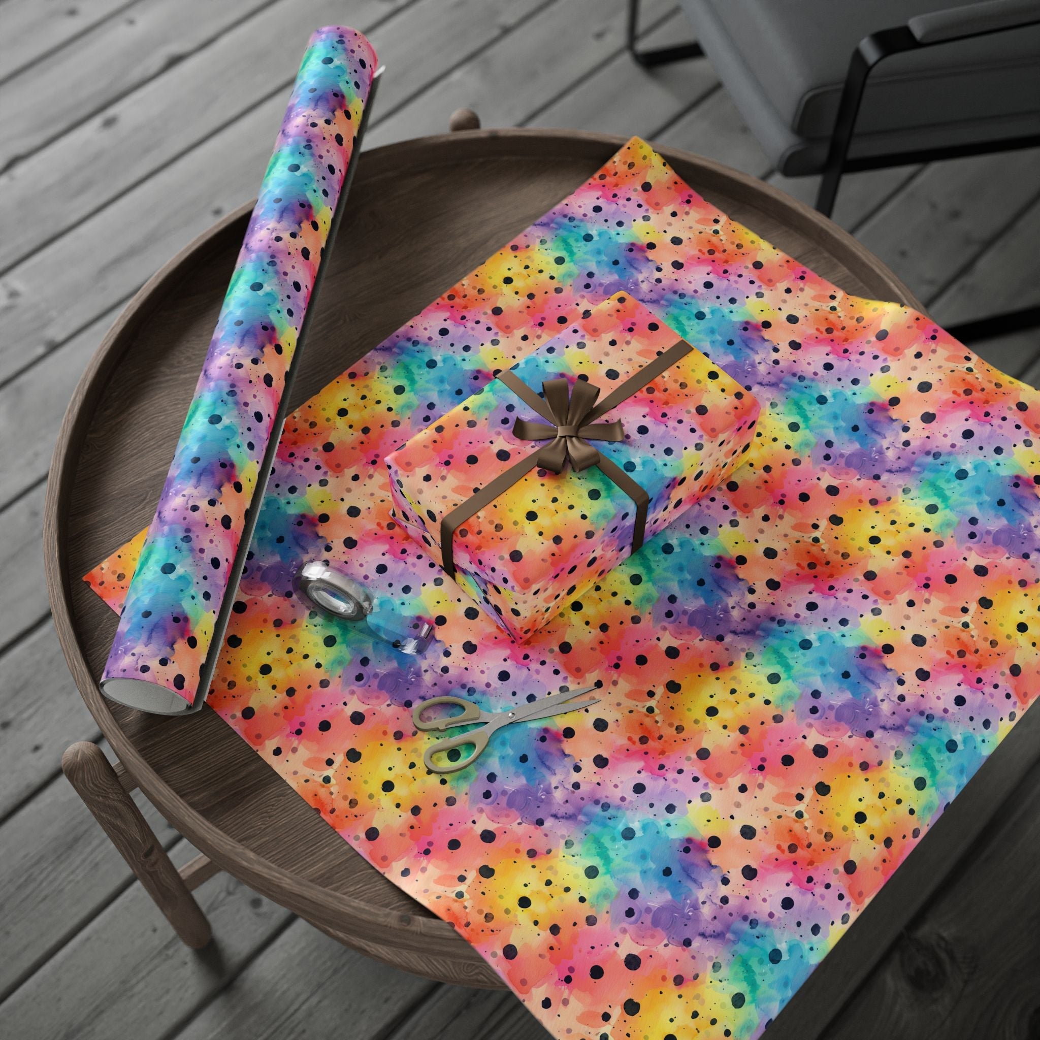 Bespattered Facade Rainbow Watercolor Dots Wrapping Paper | Three Sizes | Glossy or Matte