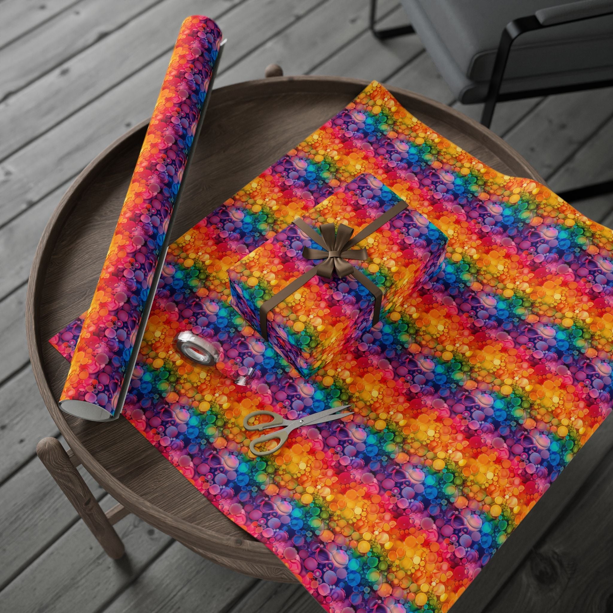 Bespattered Facade Rainbow Ink Circles Wrapping Paper | Three Sizes | Glossy or Matte