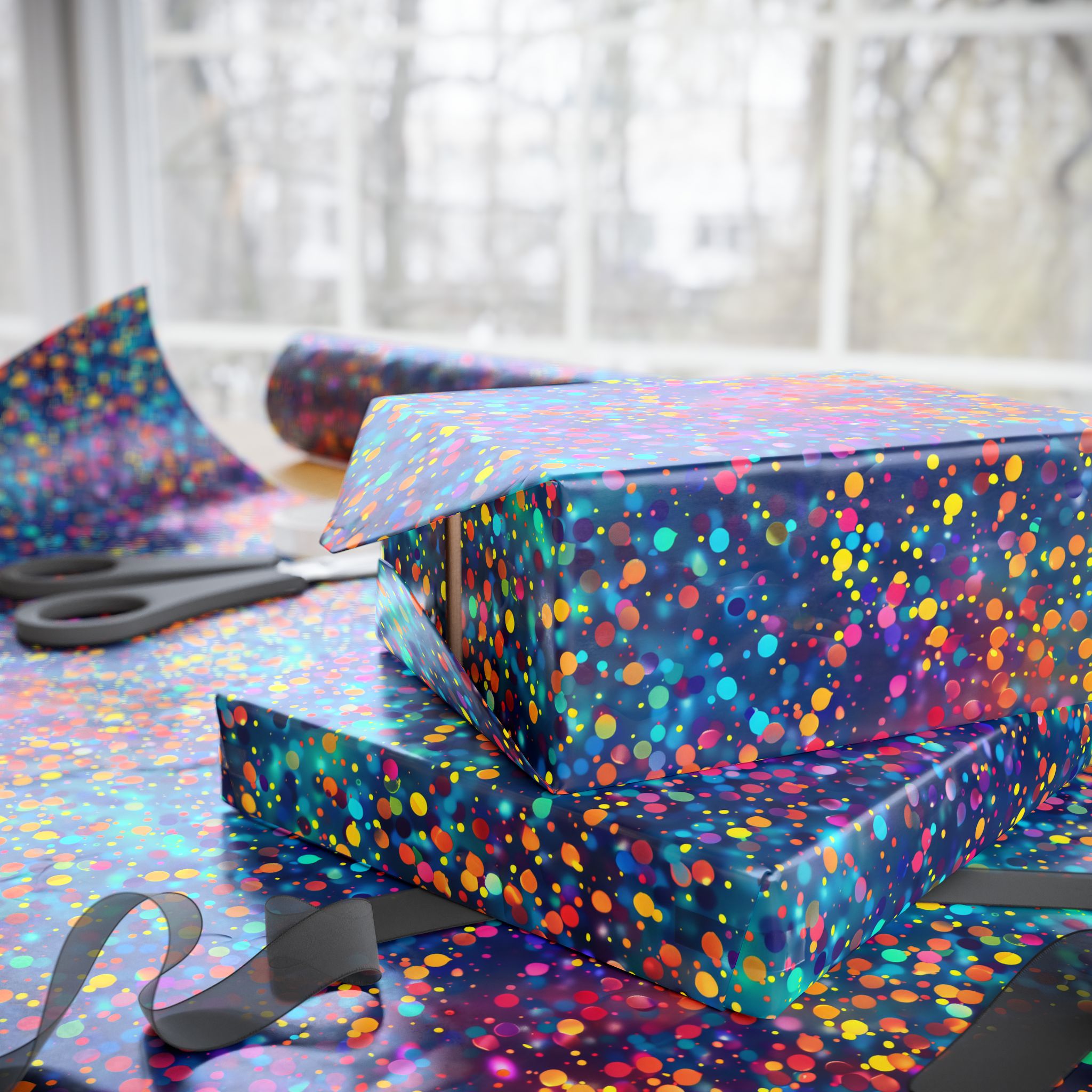 Bespattered Facade Party Time Rainbow Confetti Dots Wrapping Paper | Three Sizes | Glossy or Matte