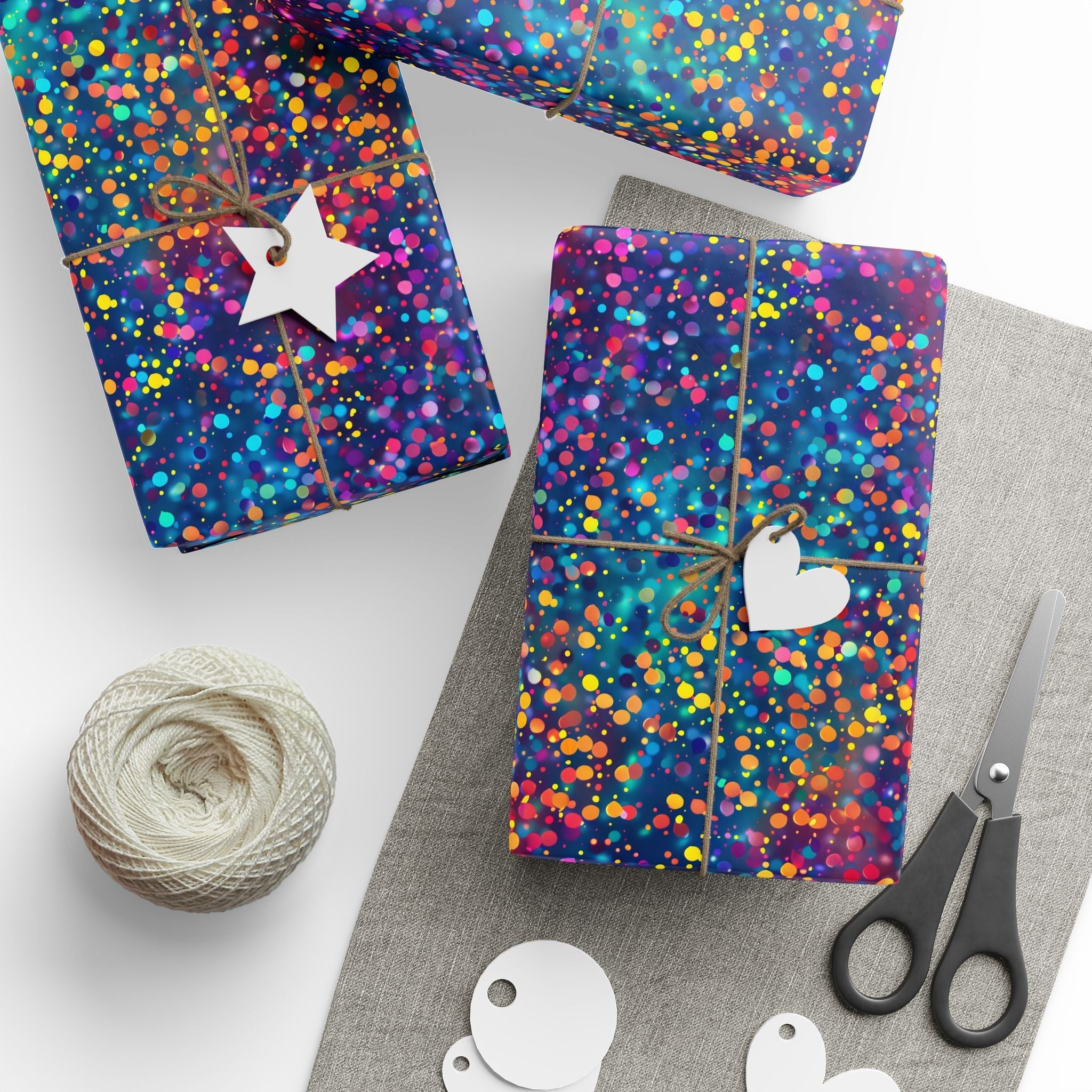 Bespattered Facade Party Time Rainbow Confetti Dots Wrapping Paper | Three Sizes | Glossy or Matte