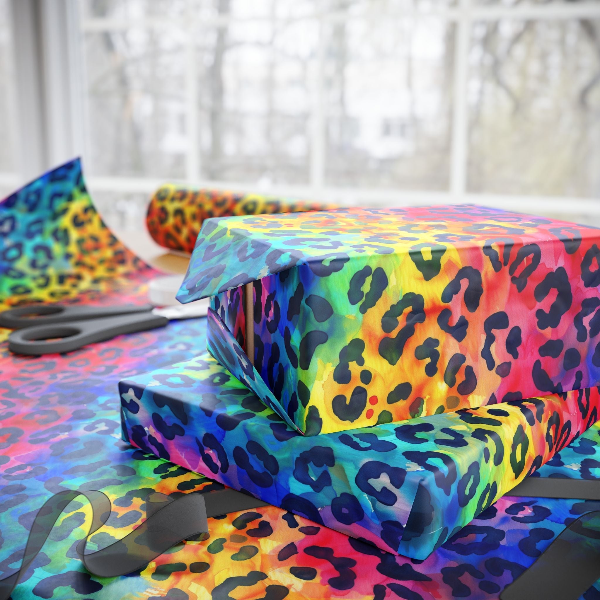 Bespattered Facade Rainbow Watercolor Leopard Wrapping Paper | Three Sizes | Glossy or Matte