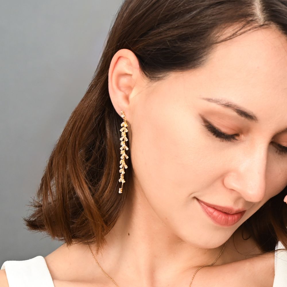 Graceful Willow Zircon and Gold Dangle Earrings