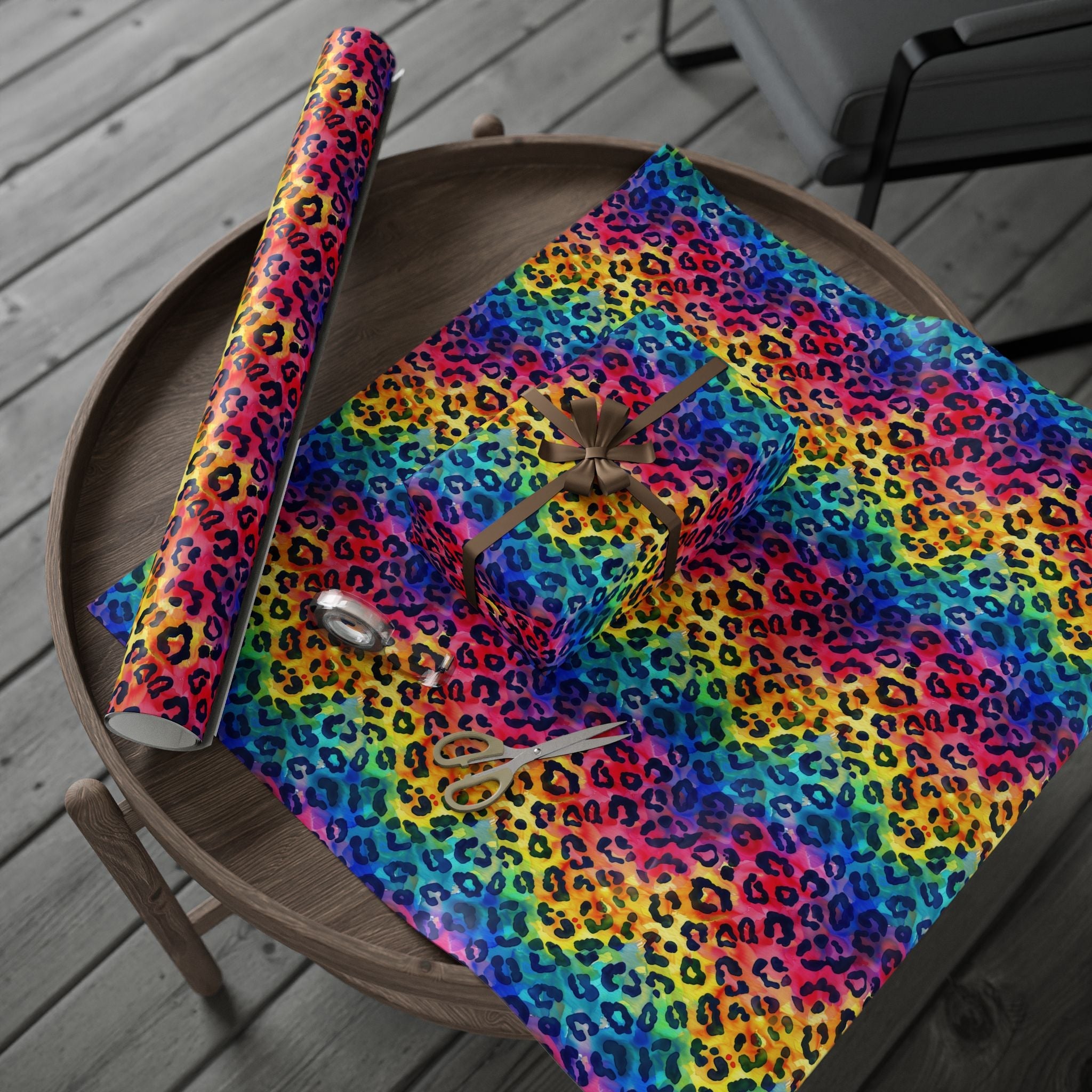 Bespattered Facade Rainbow Watercolor Leopard Wrapping Paper | Three Sizes | Glossy or Matte