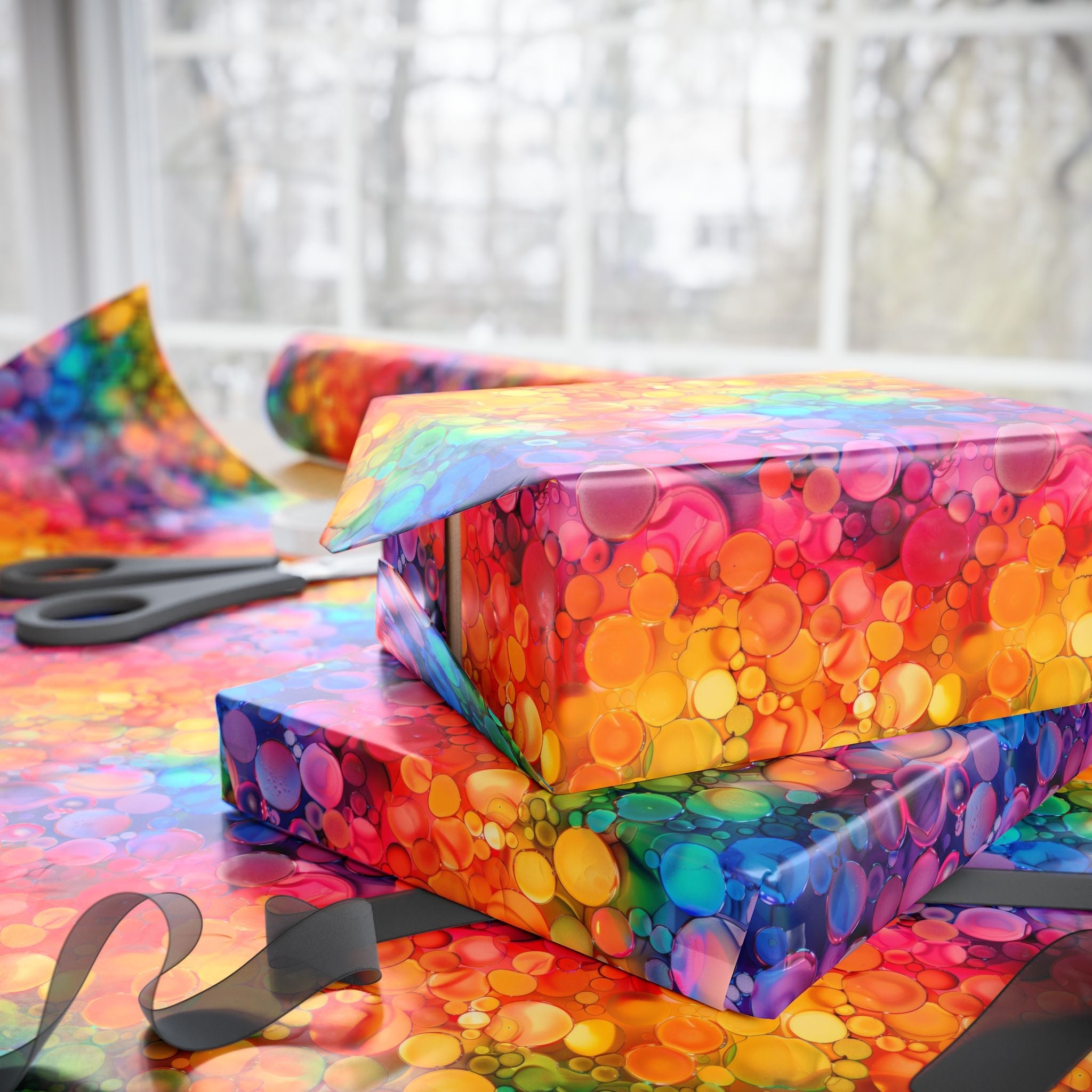 Bespattered Facade Rainbow Ink Circles Wrapping Paper | Three Sizes | Glossy or Matte