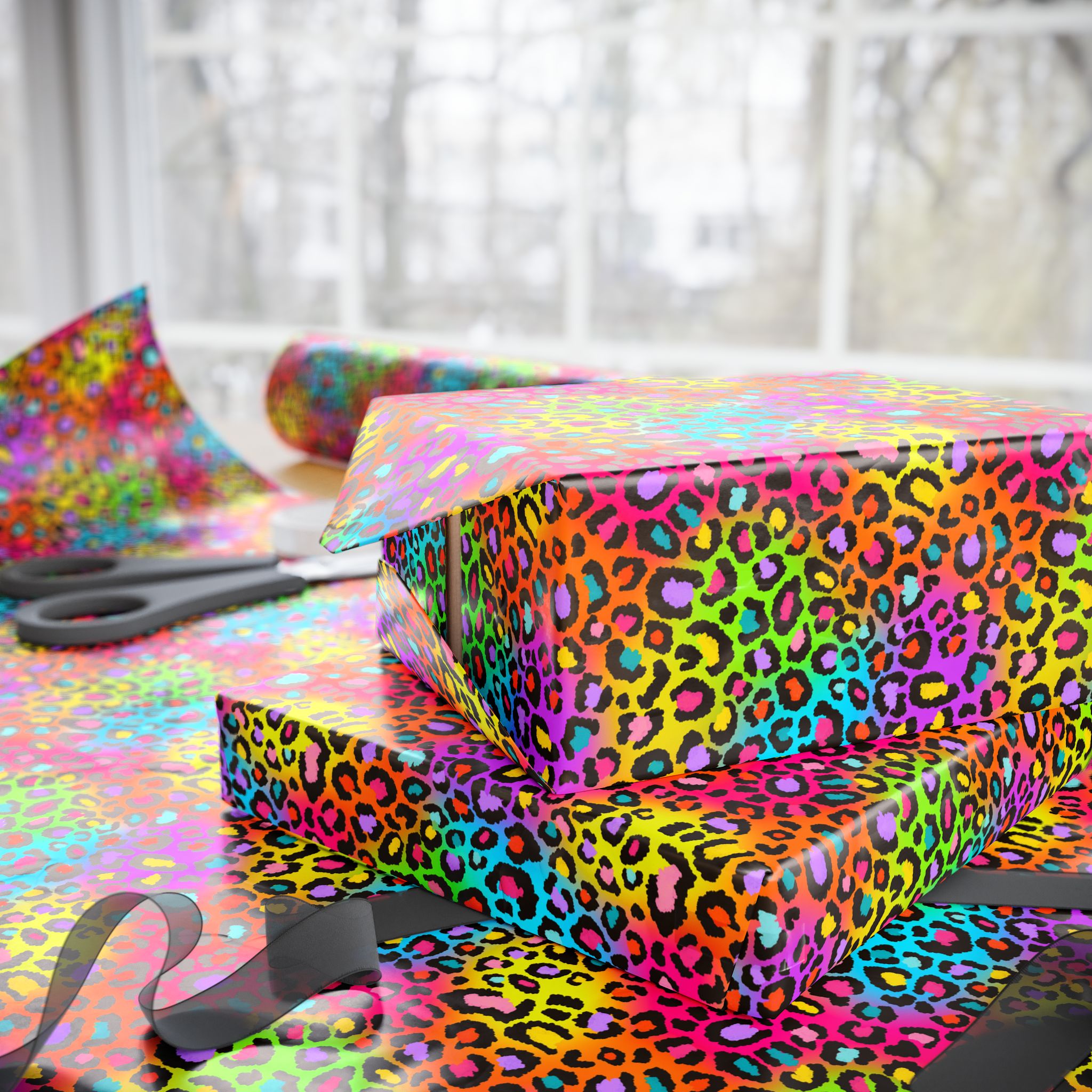 Bespattered Facade Rainbow Leopard Wrapping Paper | Three Sizes | Glossy or Matte