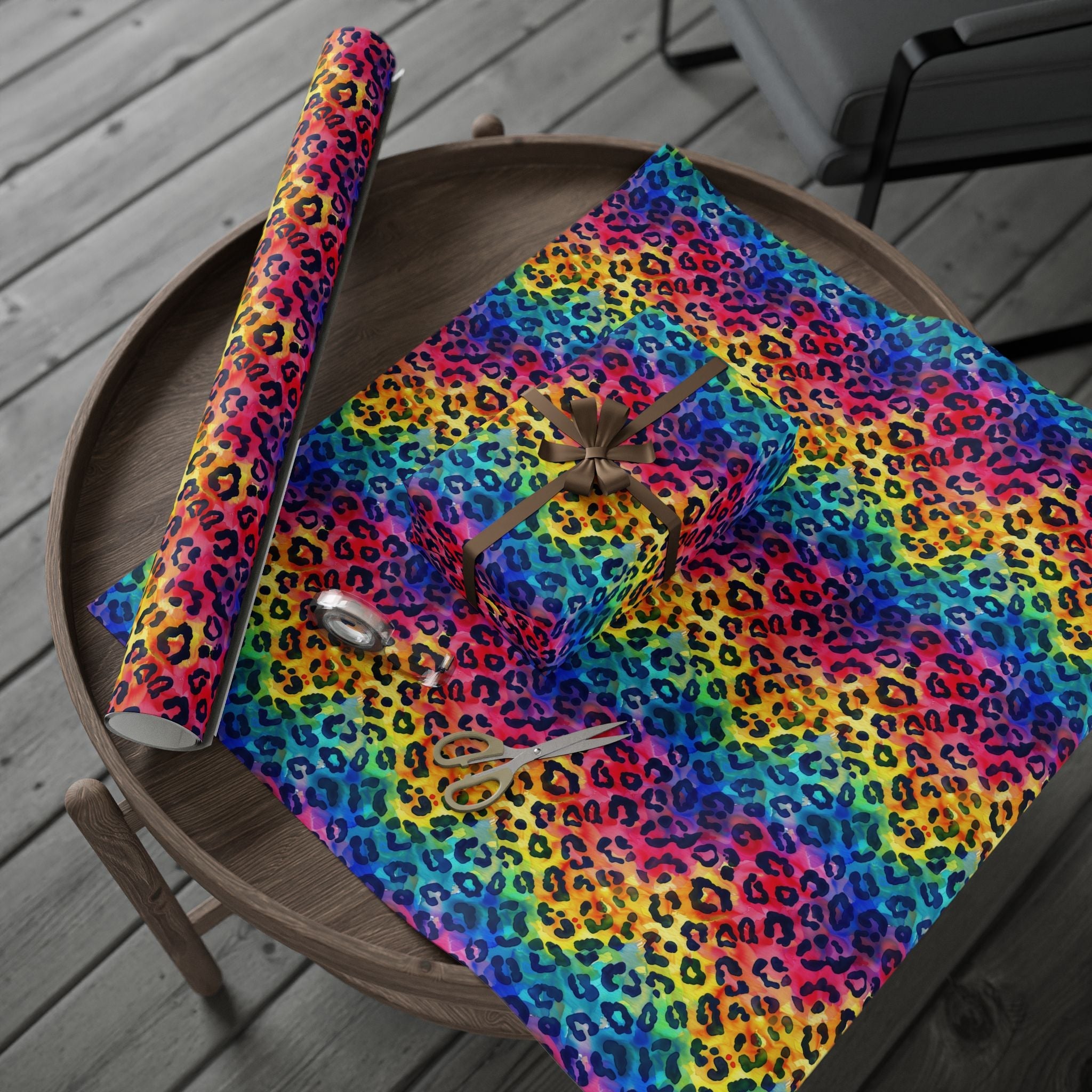 Bespattered Facade Rainbow Watercolor Leopard Wrapping Paper | Three Sizes | Glossy or Matte