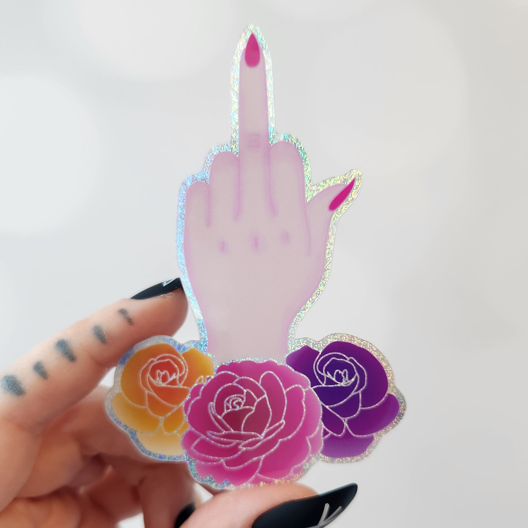Female Middle Finger Holographic Sticker, 2x3 in.