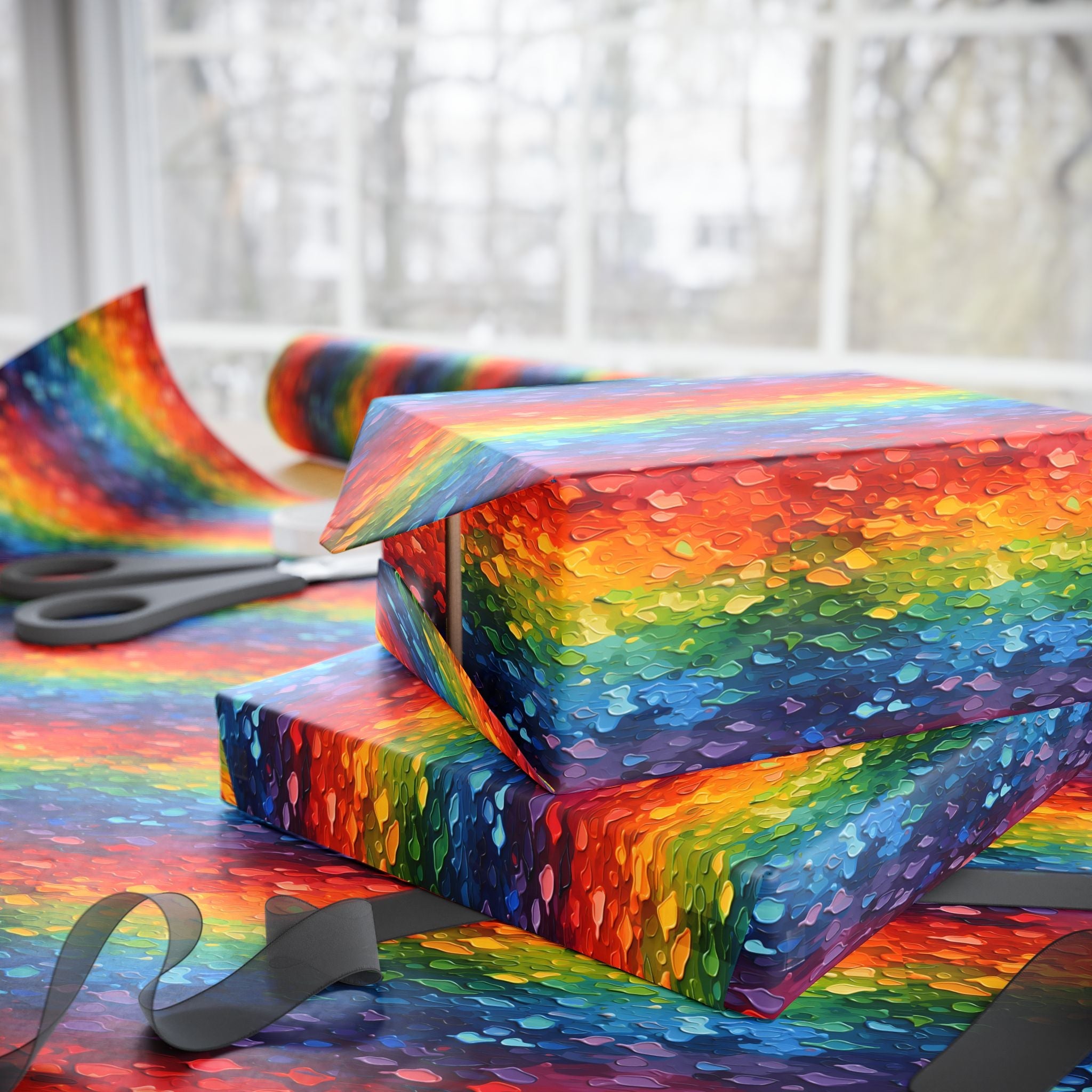 Bespattered Facade Rainbow Brushstrokes Wrapping Paper | Three Sizes | Glossy or Matte