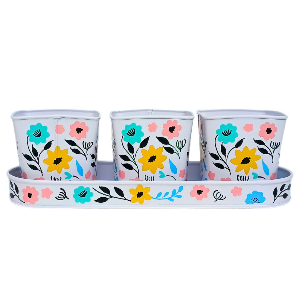 In Bloom 3-Piece Metal Pot Planter with Tray
