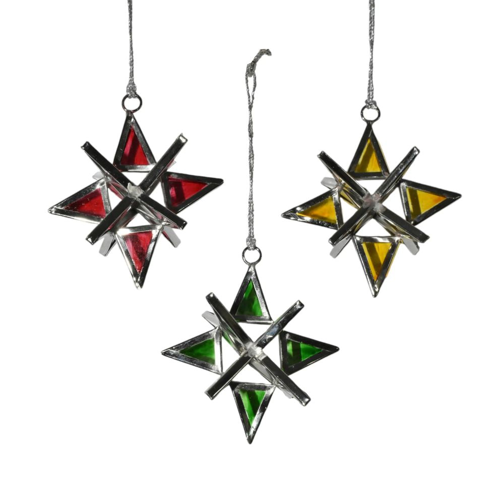 3-D Iron and Painted Glass Star Ornaments - Set of 3
