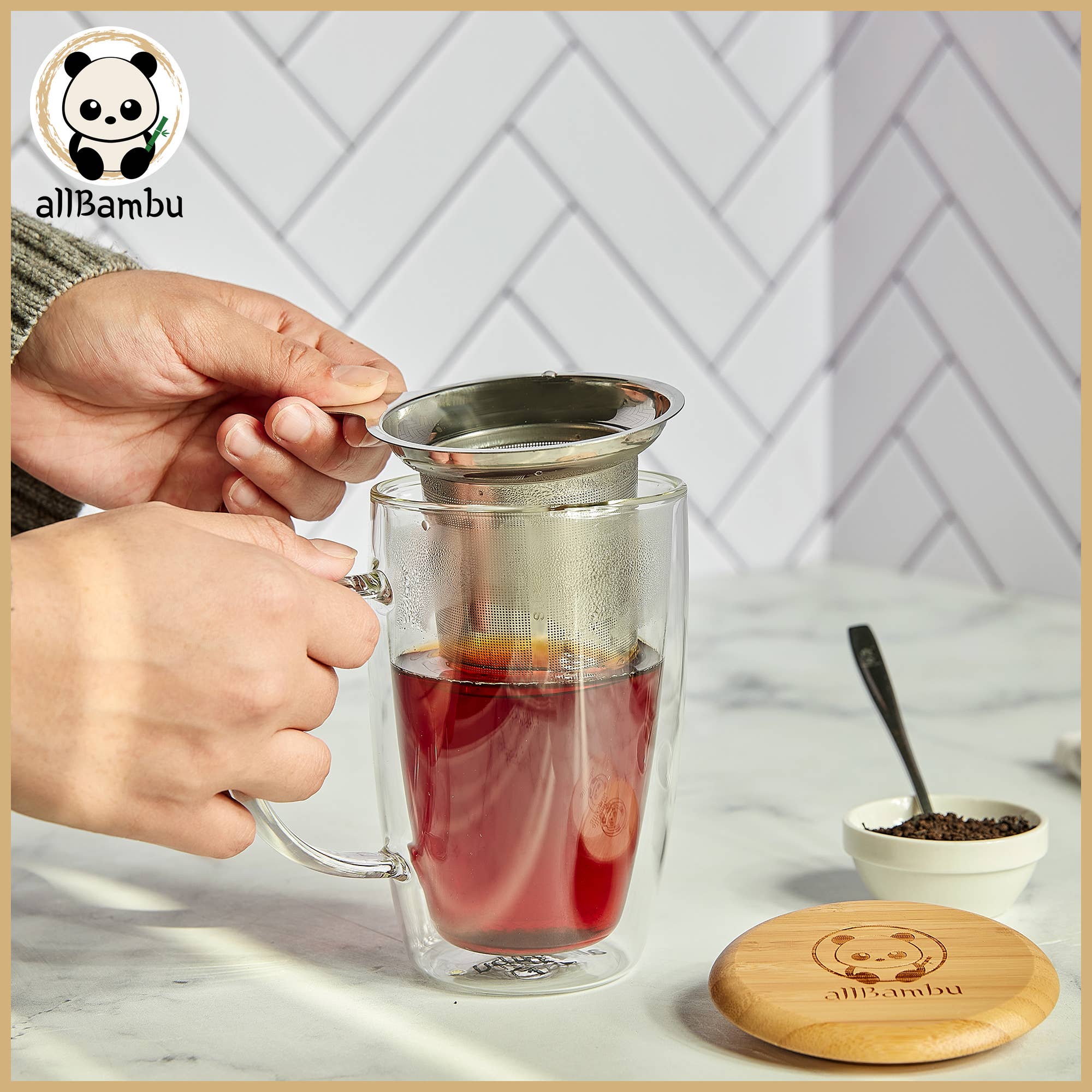 Double Wall Mug with Bamboo Lid and Tea Diffuser - 15oz (450ml)