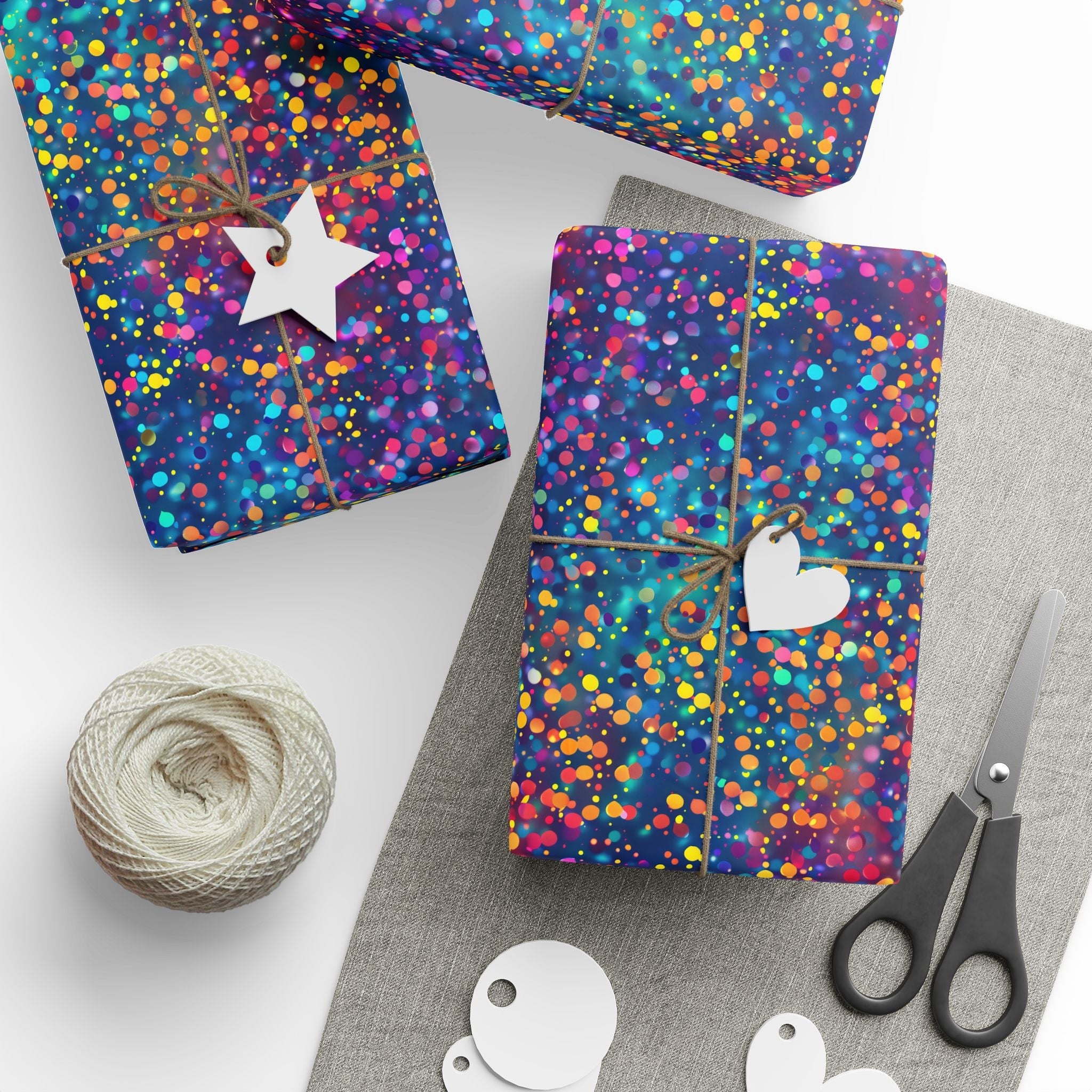 Bespattered Facade Party Time Rainbow Confetti Dots Wrapping Paper | Three Sizes | Glossy or Matte