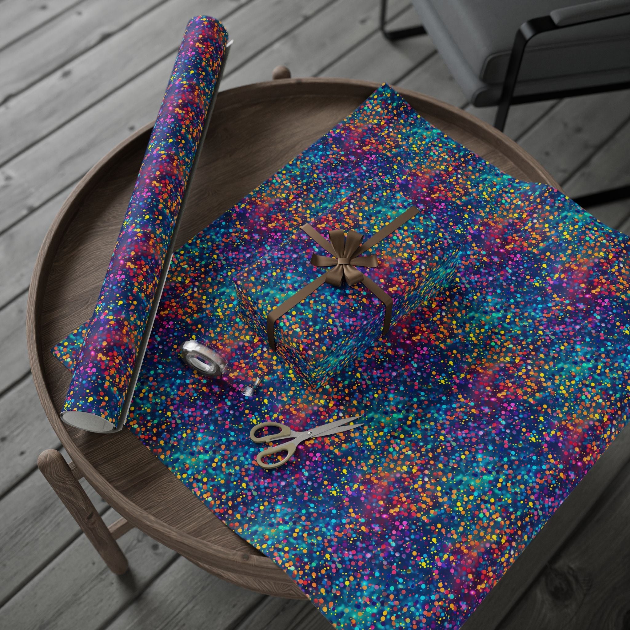 Bespattered Facade Party Time Rainbow Confetti Dots Wrapping Paper | Three Sizes | Glossy or Matte