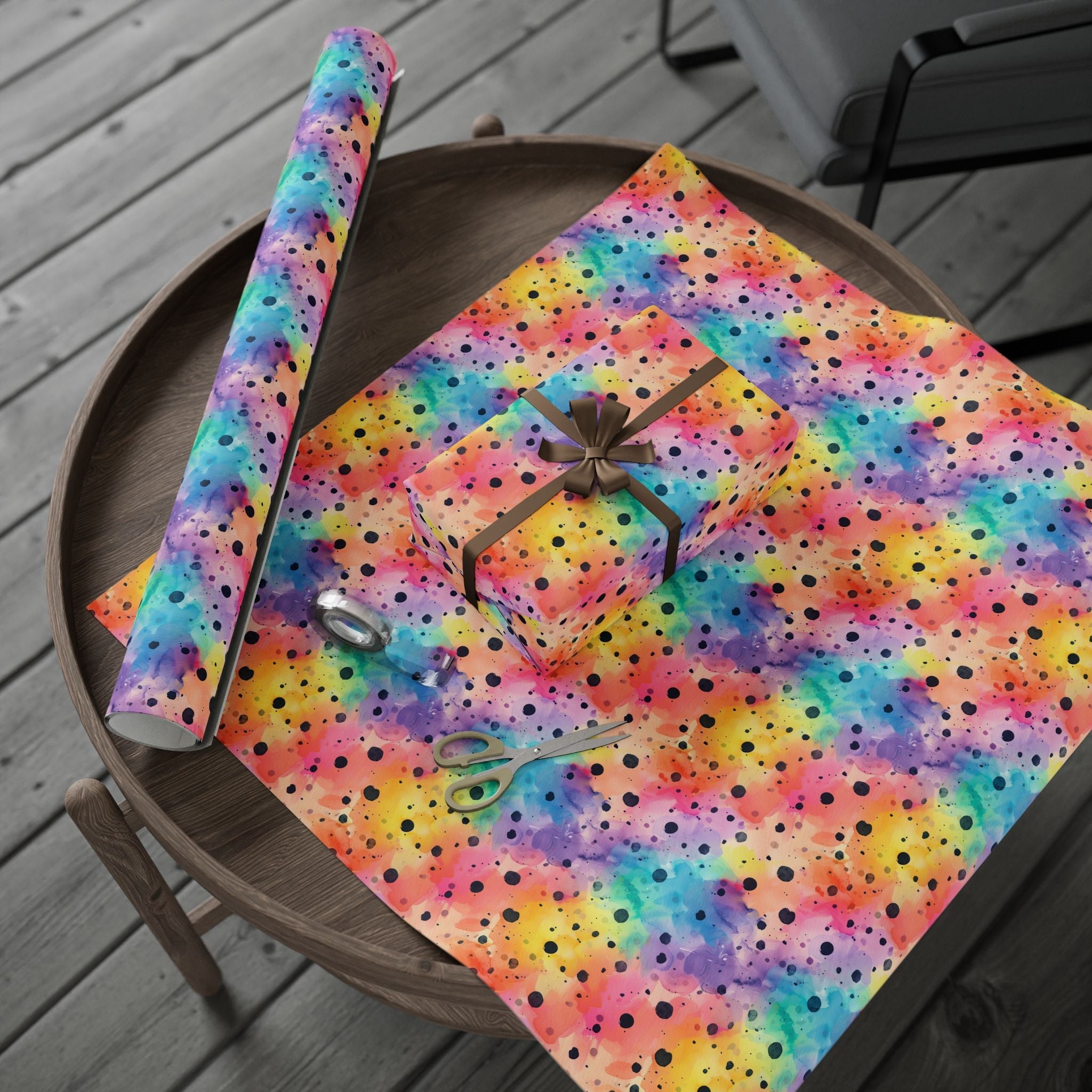 Bespattered Facade Rainbow Watercolor Dots Wrapping Paper | Three Sizes | Glossy or Matte
