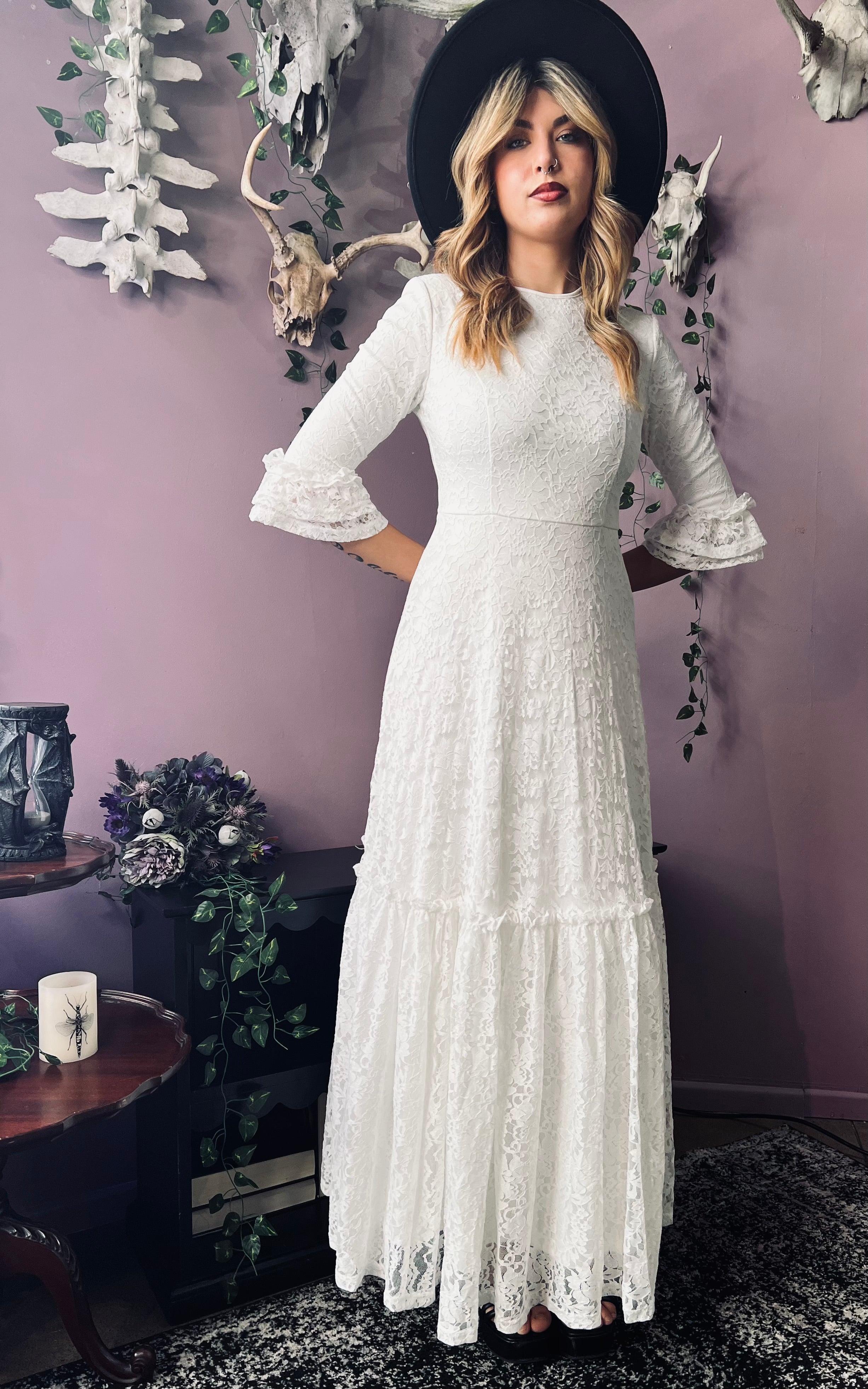 Mina - Ivory Floral Lace Bride of the Vampire Maxi Dress  - READY TO SHIP