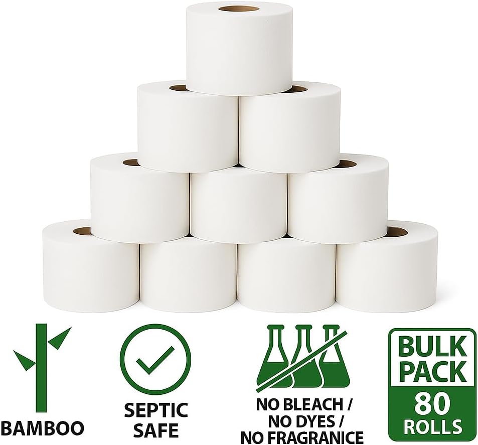 Healthy Bamboo Toilet Paper – 80 Rolls, 3-Ply, 400 Sheets, Bulk for Business, Commercial & Schools