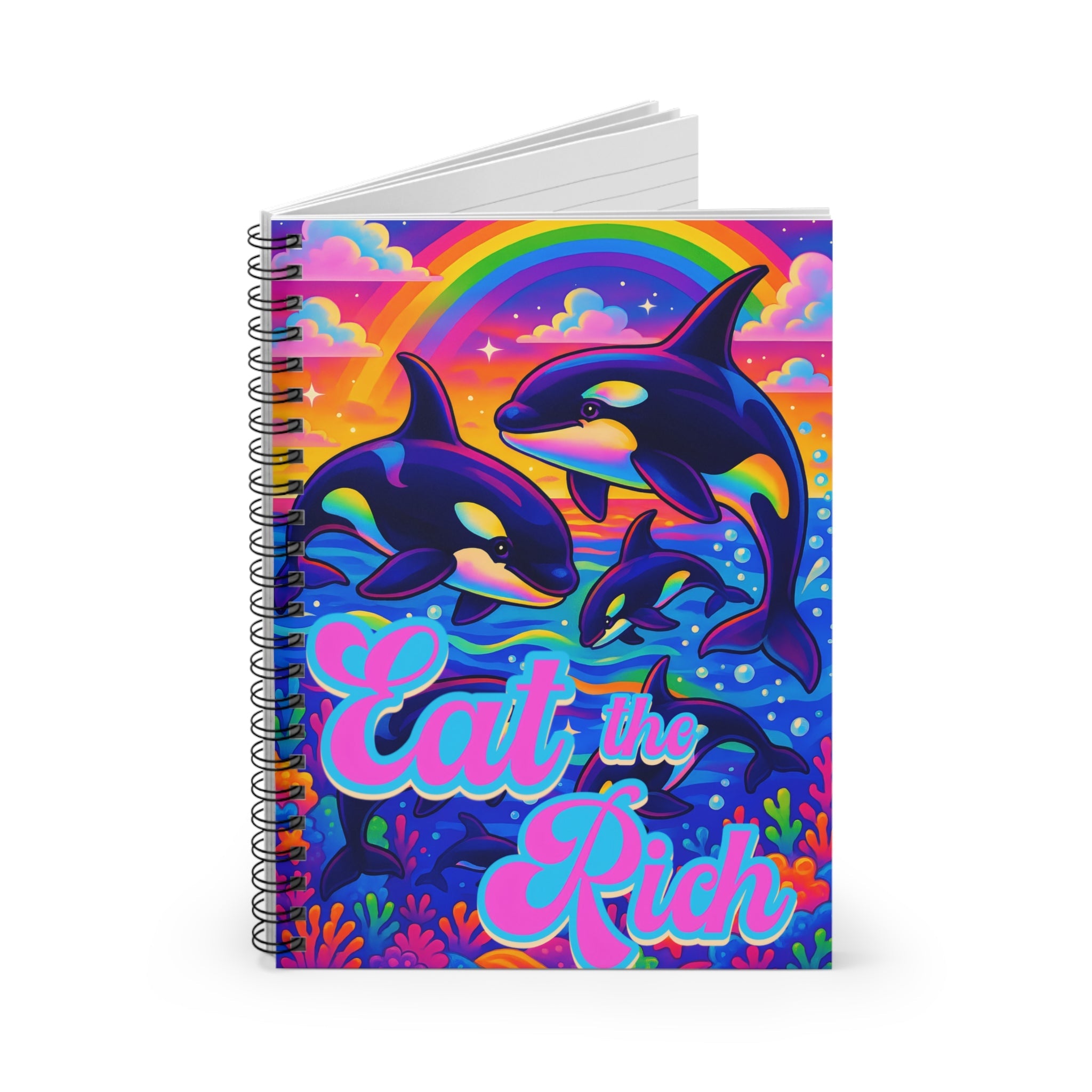 Bespattered Facade Whimsical "Eat the Rich" Orcas Spiral Notebook - Lined Pages