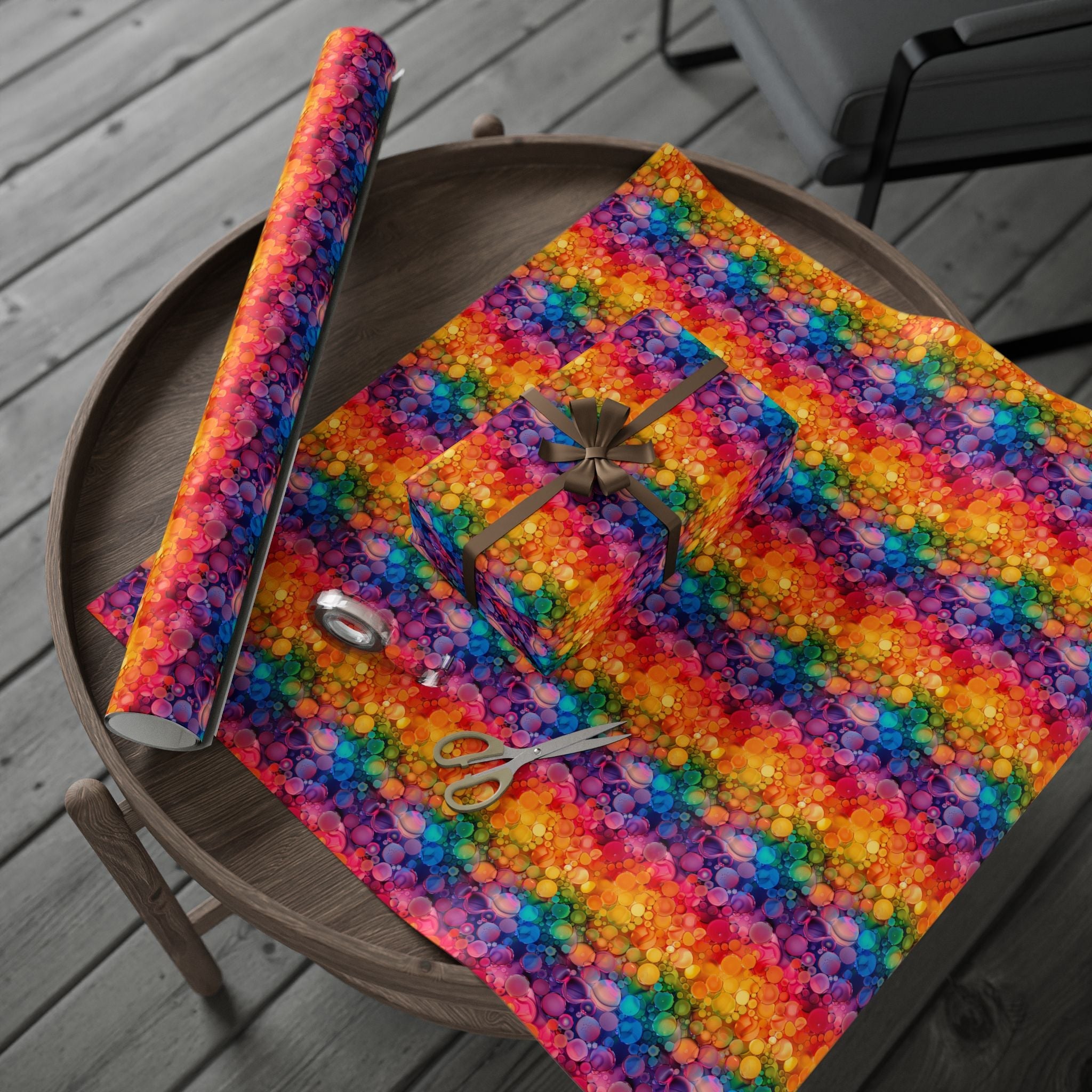 Bespattered Facade Rainbow Ink Circles Wrapping Paper | Three Sizes | Glossy or Matte