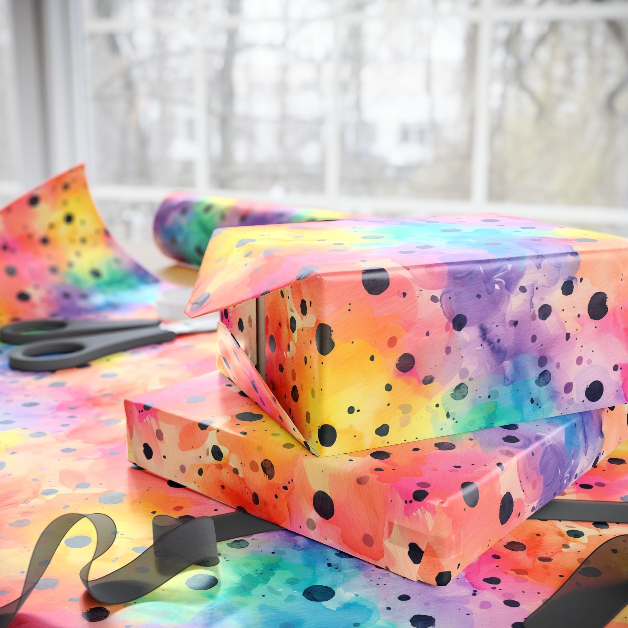 Bespattered Facade Rainbow Watercolor Dots Wrapping Paper | Three Sizes | Glossy or Matte