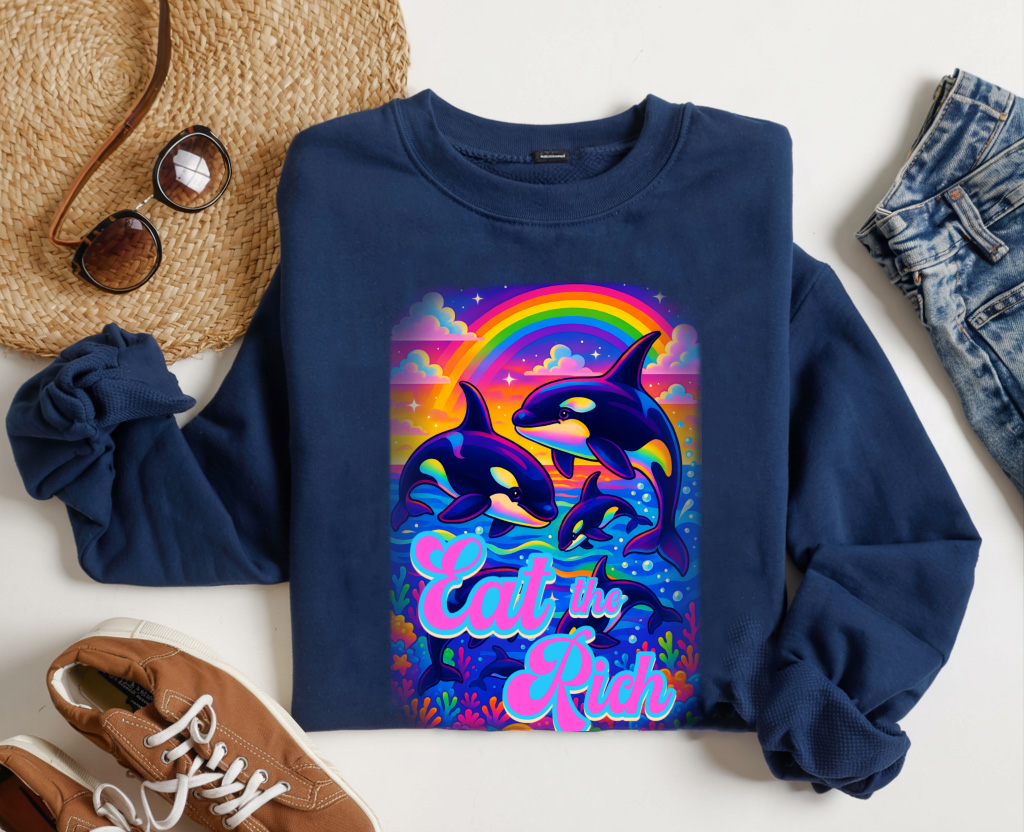 Bespattered Facade Whimsical "Eat the Rich" Orcas Unisex Heavy Blend™ Crewneck Sweatshirt