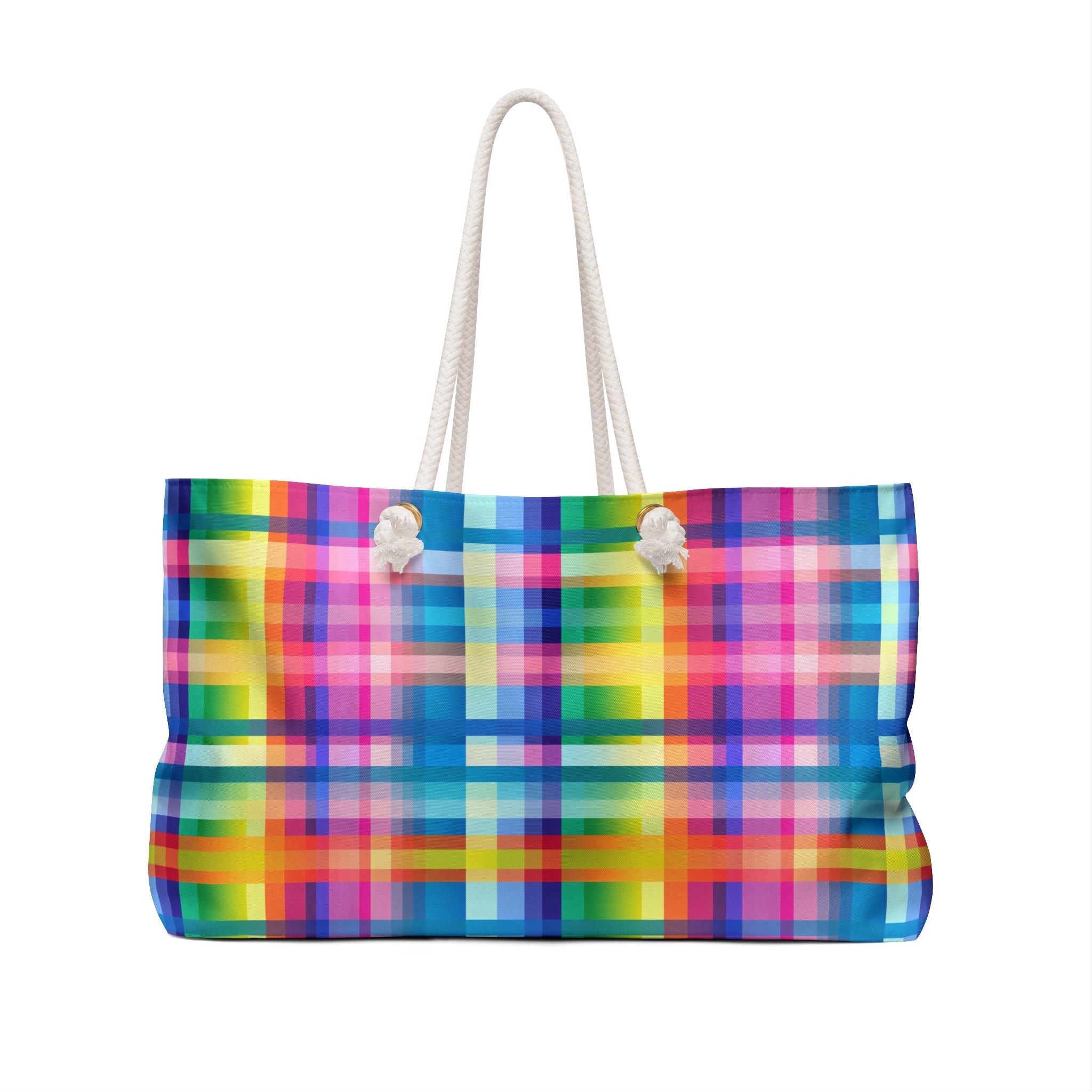 Bespattered Facade Rainbow Plaid Weekend Beach Tote Bag with Cotton Rope Handles
