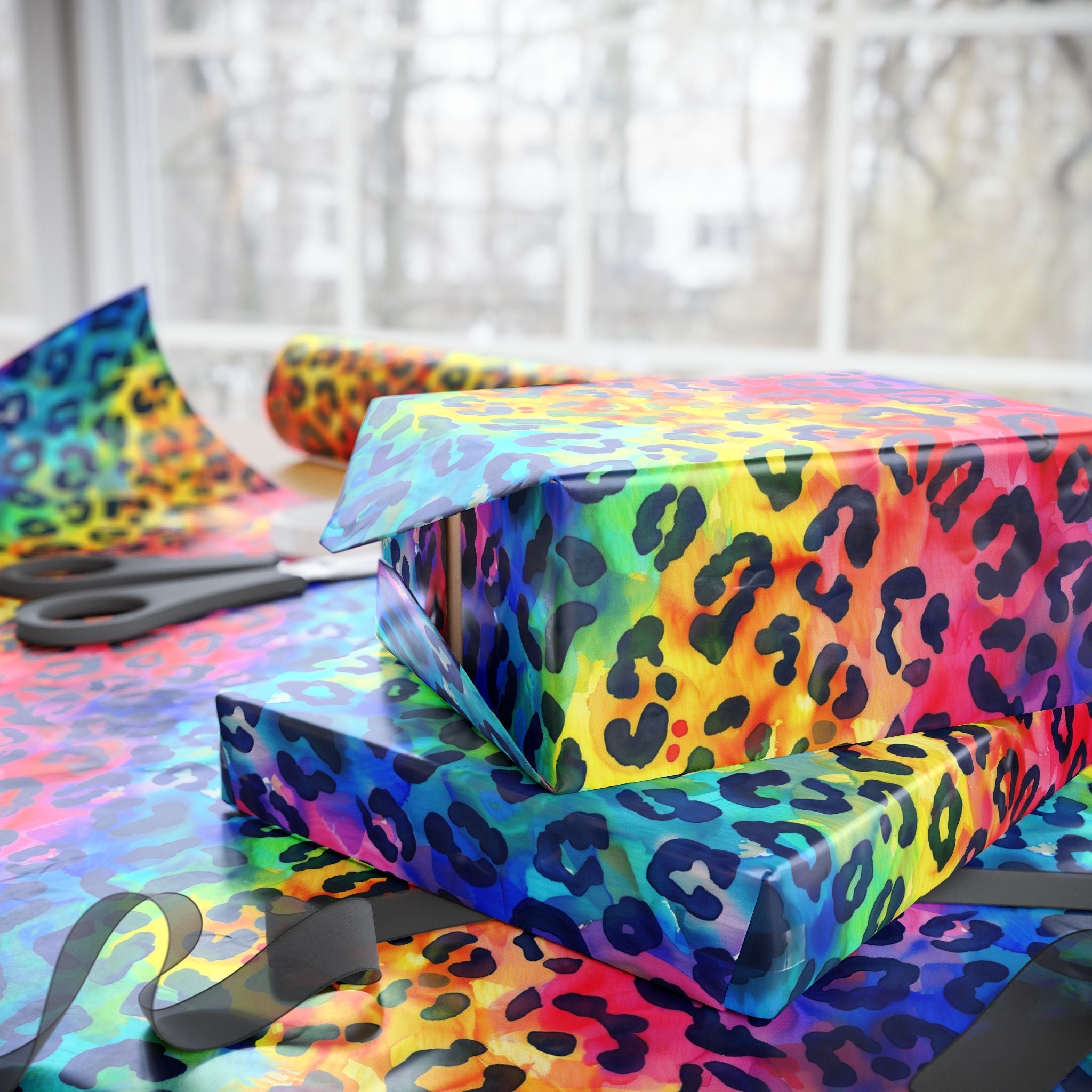 Bespattered Facade Rainbow Watercolor Leopard Wrapping Paper | Three Sizes | Glossy or Matte