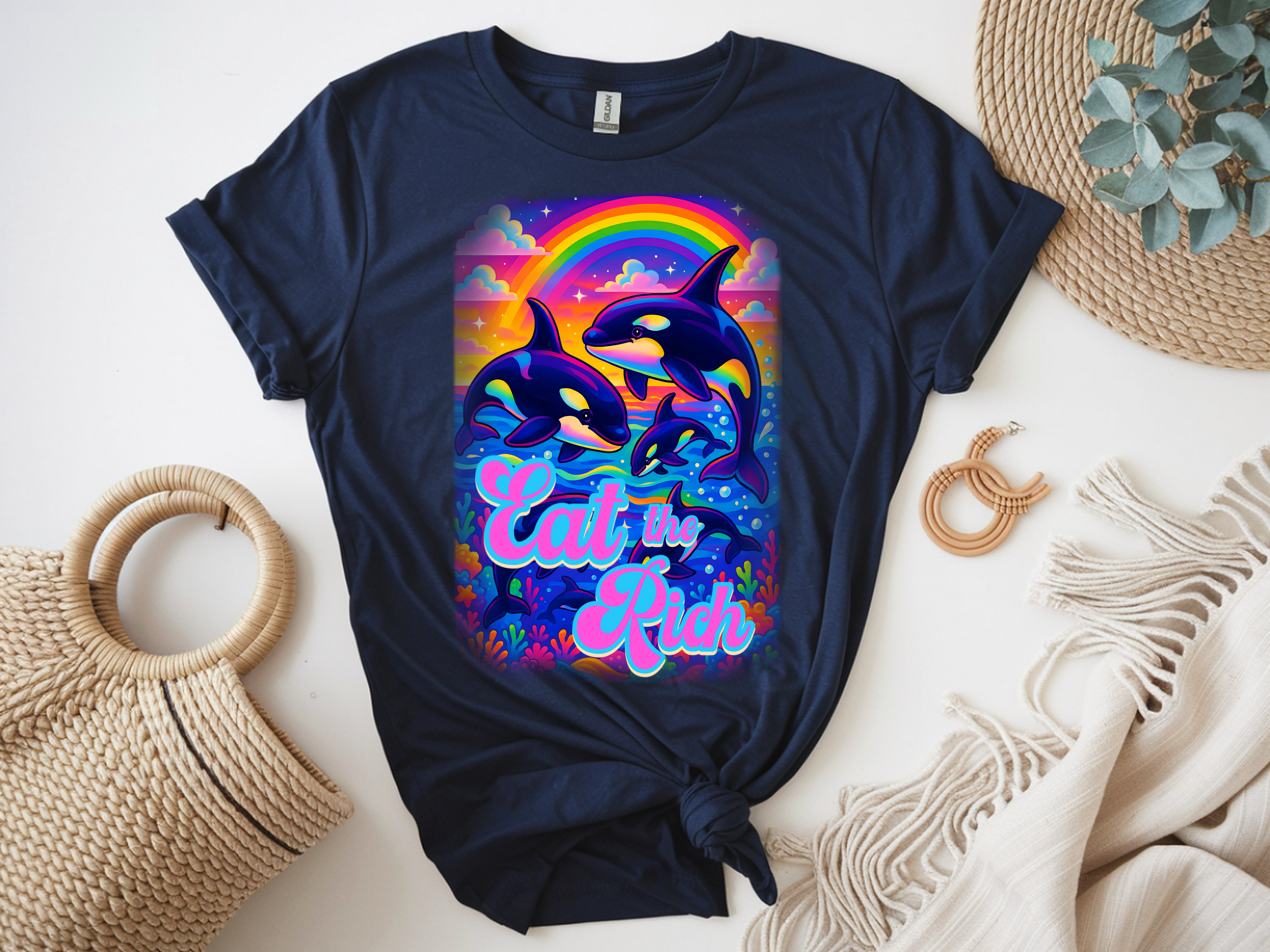 Bespattered Facade Whimsical "Eat the Rich" Orcas Unisex Softstyle T-Shirt