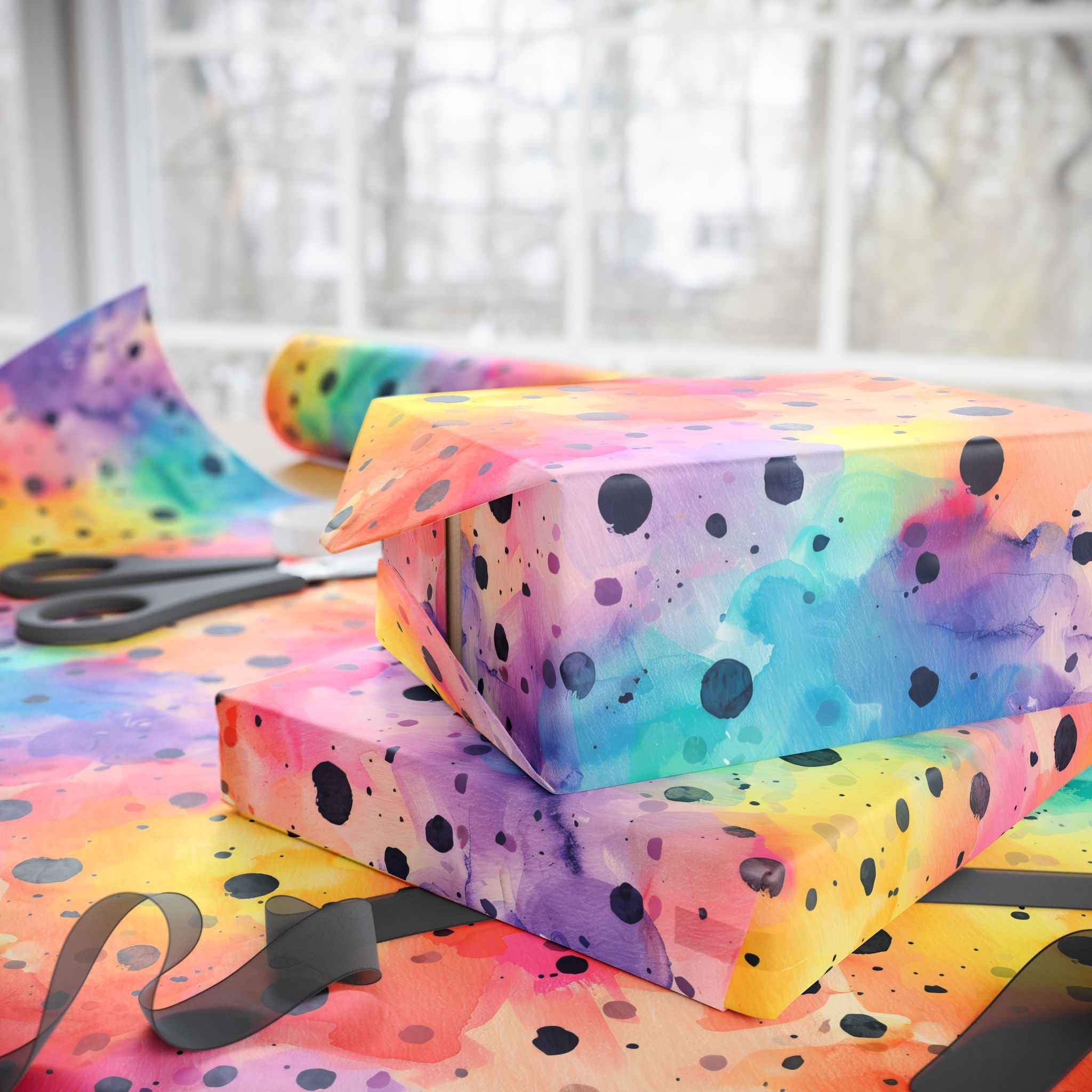 Bespattered Facade Rainbow Watercolor Dots Wrapping Paper | Three Sizes | Glossy or Matte