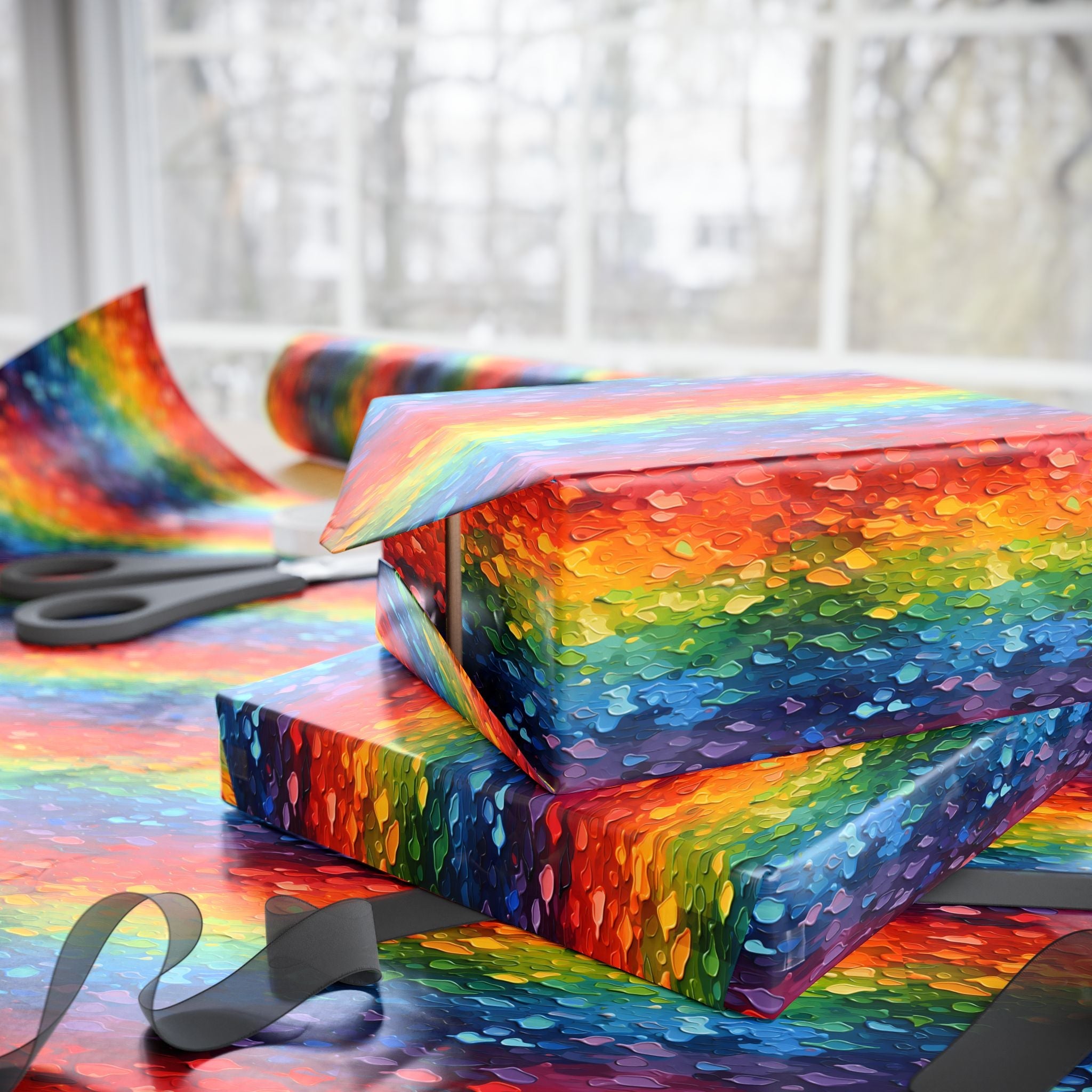 Bespattered Facade Rainbow Brushstrokes Wrapping Paper | Three Sizes | Glossy or Matte