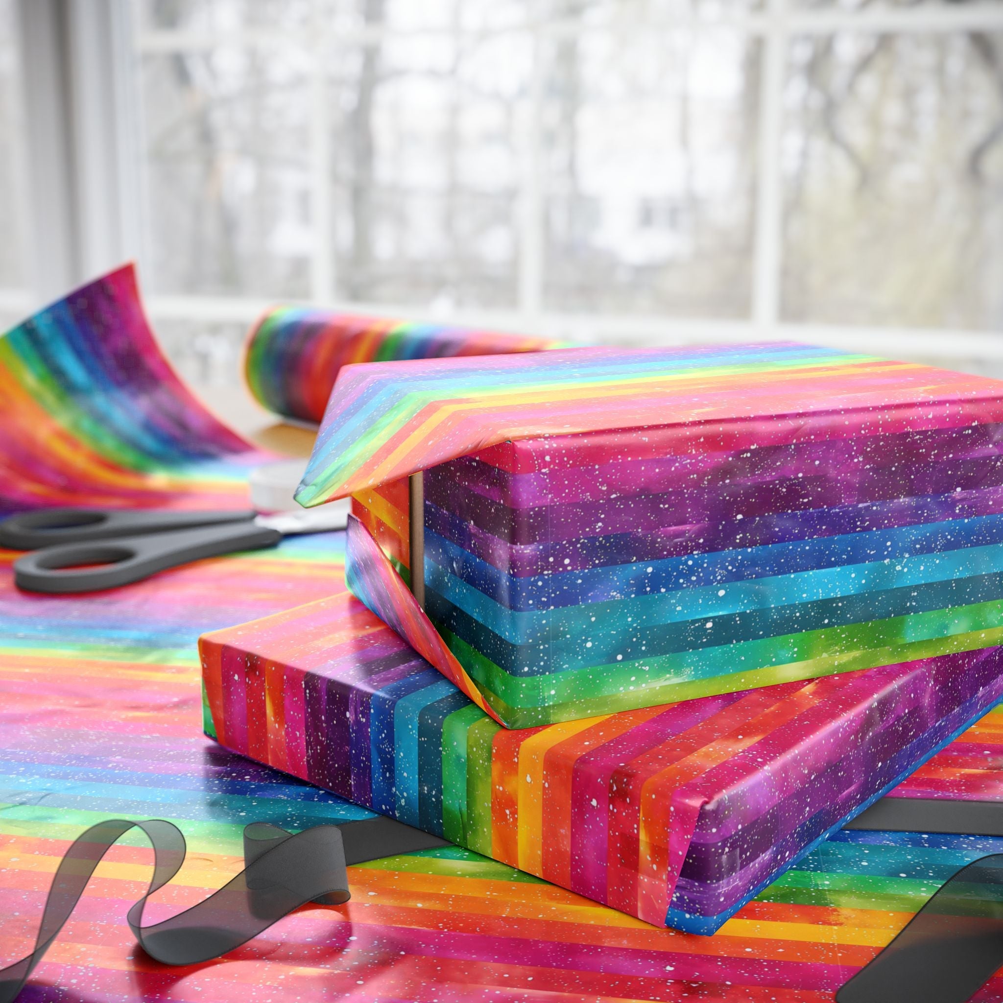 Bespattered Facade Rainbow Stripes Wrapping Paper | Three Sizes | Glossy or Matte