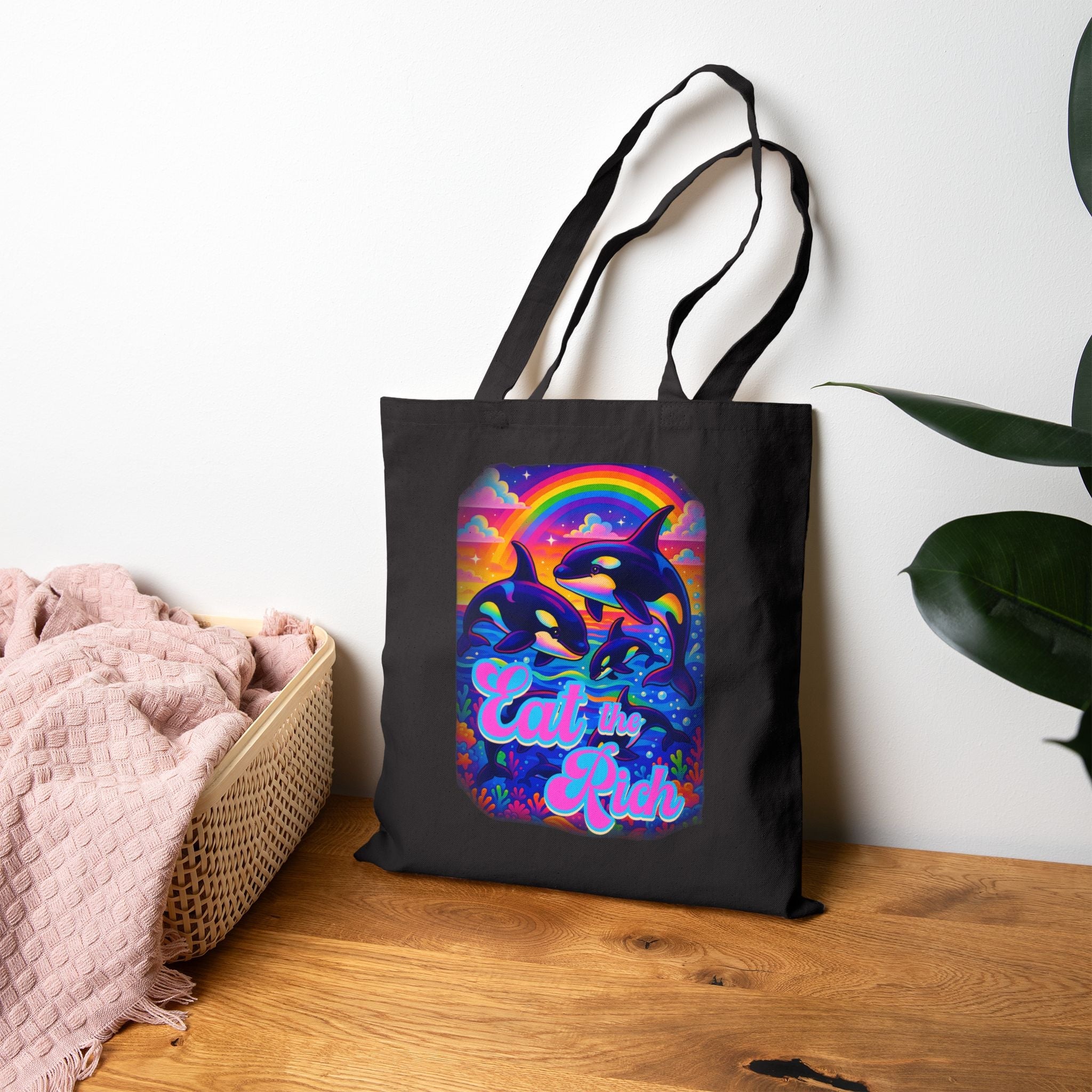 Bespattered Facade Rainbow Eat the Rich Orcas Canvas Tote Bag Reusable Carryall