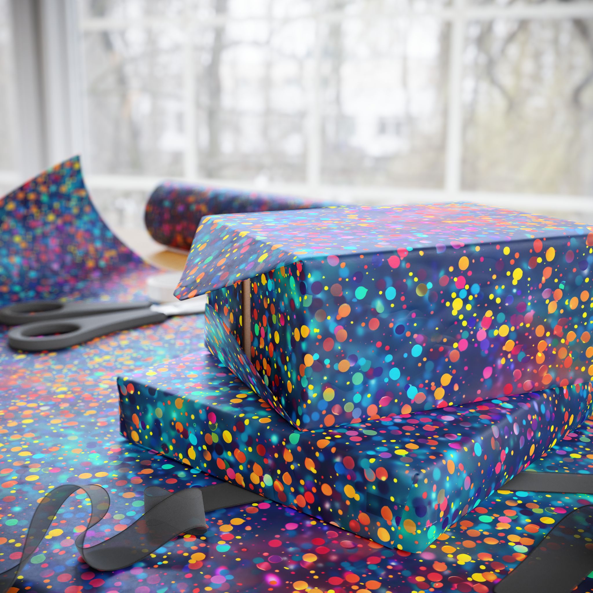 Bespattered Facade Party Time Rainbow Confetti Dots Wrapping Paper | Three Sizes | Glossy or Matte