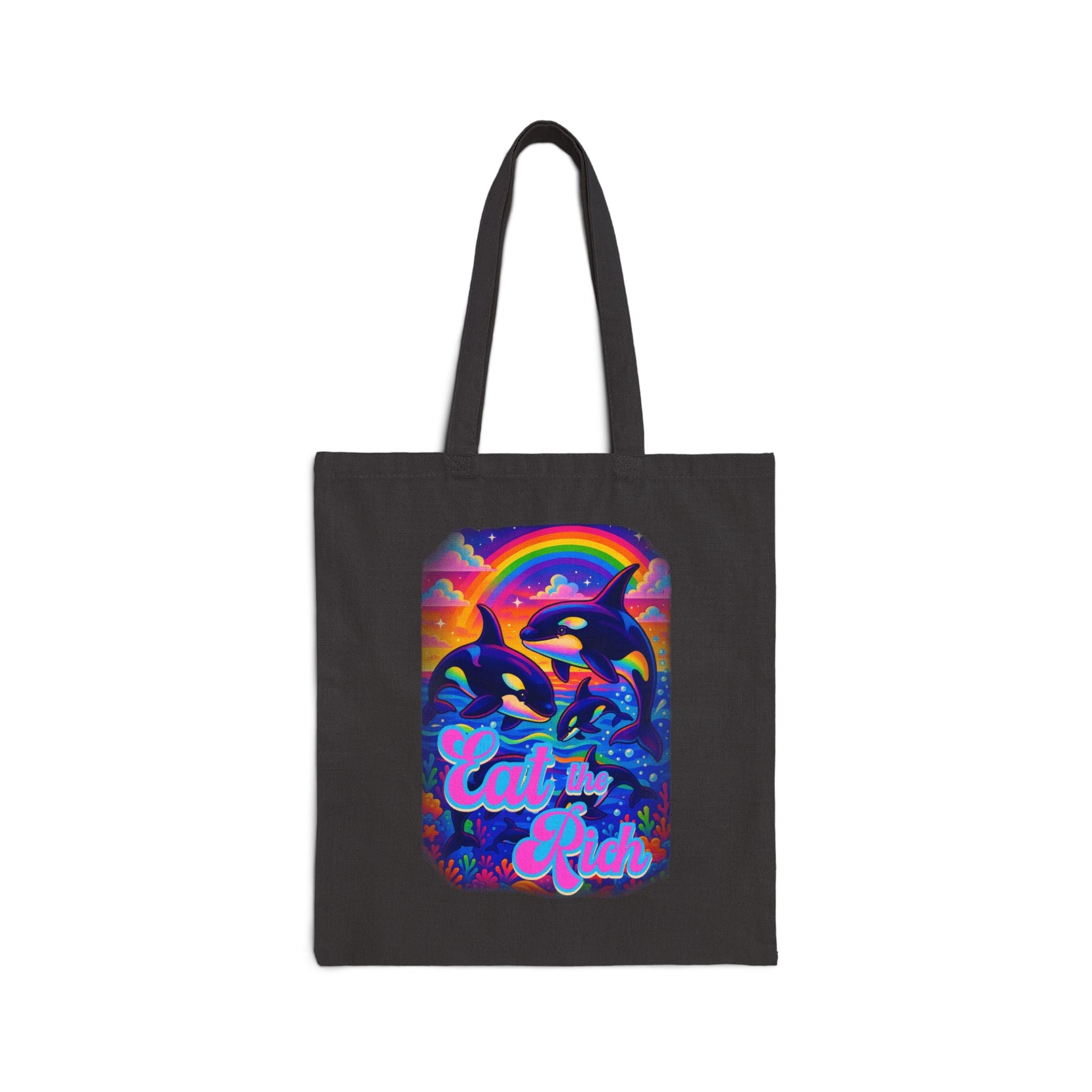Bespattered Facade Rainbow Eat the Rich Orcas Canvas Tote Bag Reusable Carryall