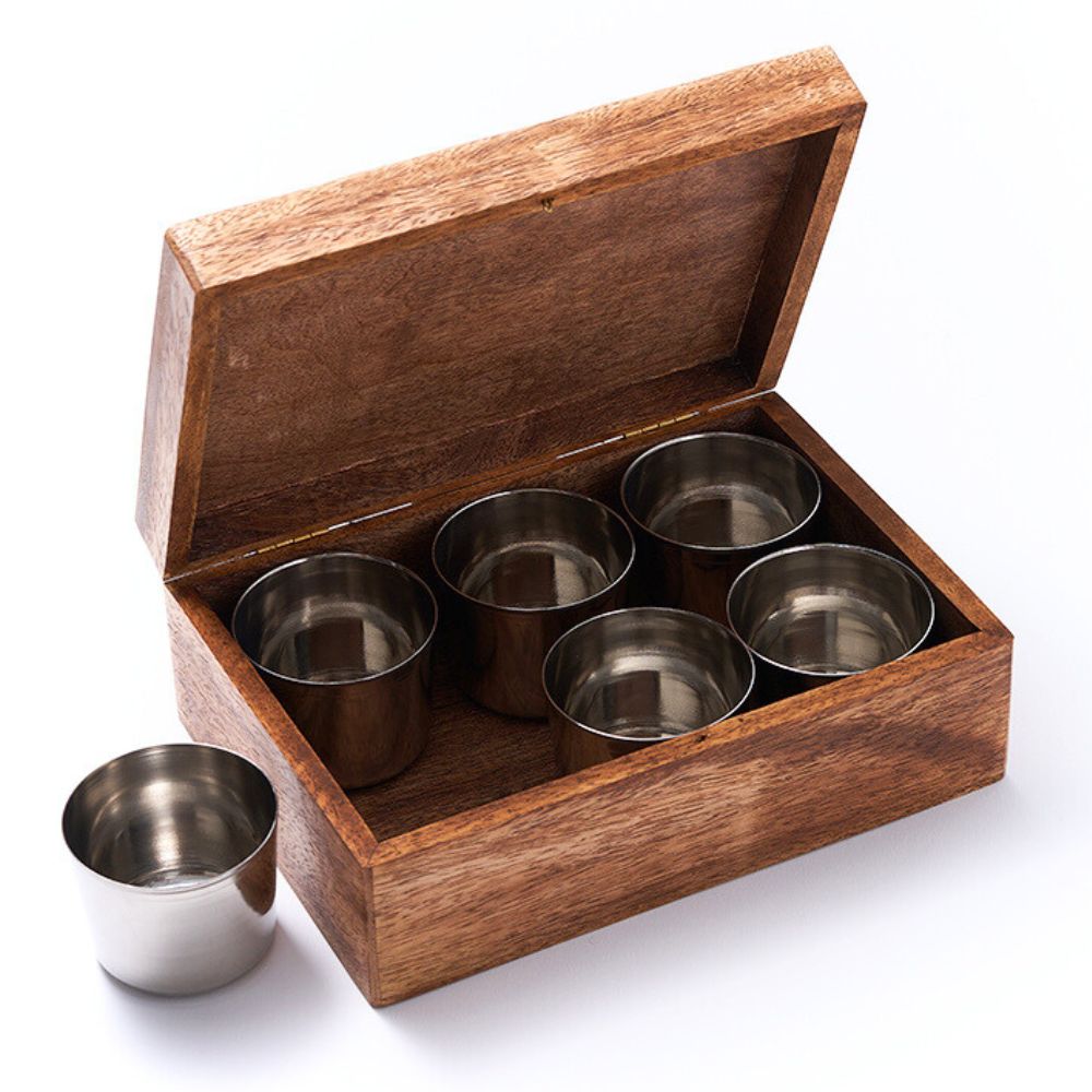 World Map Mango Wood Spice Box with 6 Steel Bowls