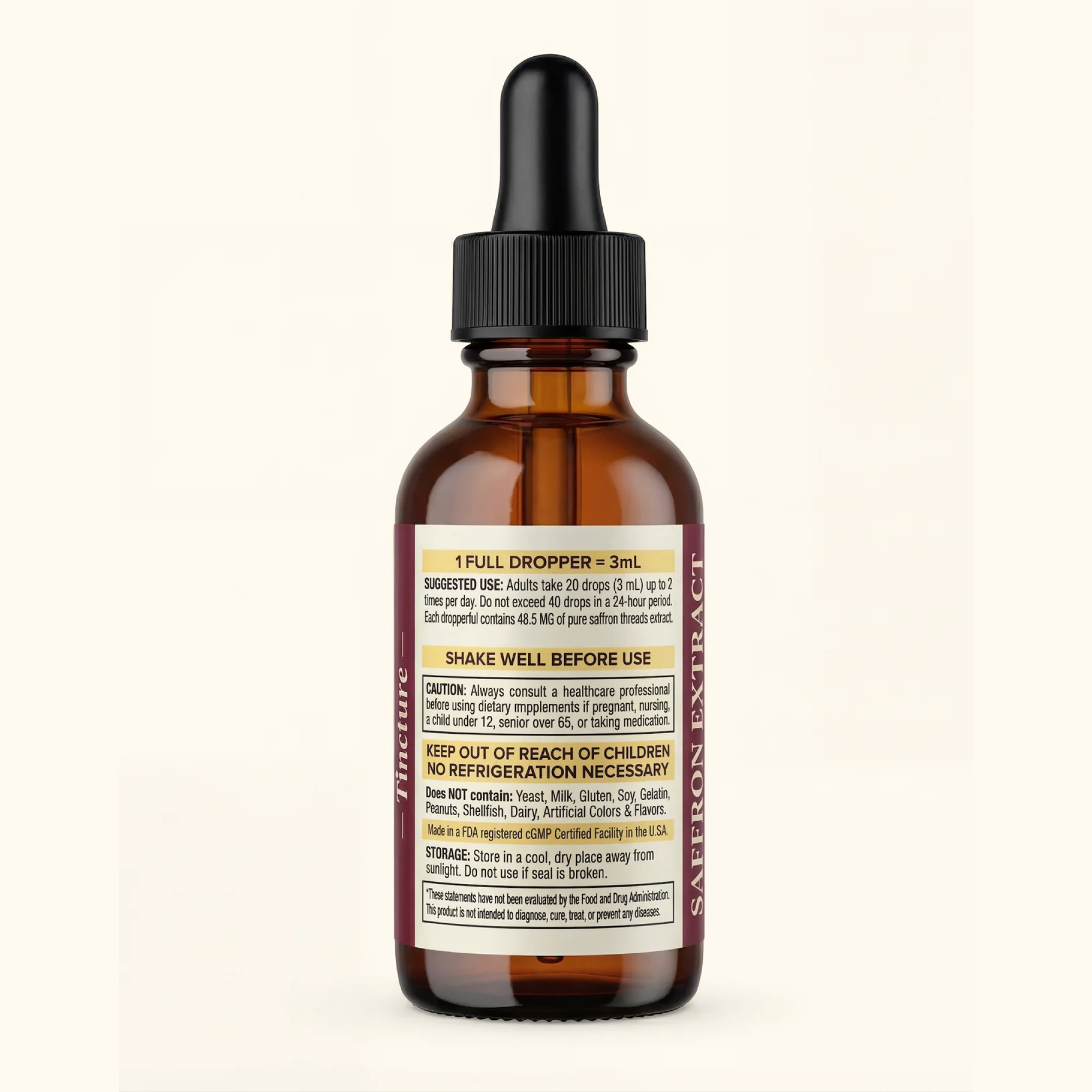 Premium Saffron Extract (Made With Pure Saffron Threads) Liquid Drops Tincture/Alcohol-Free