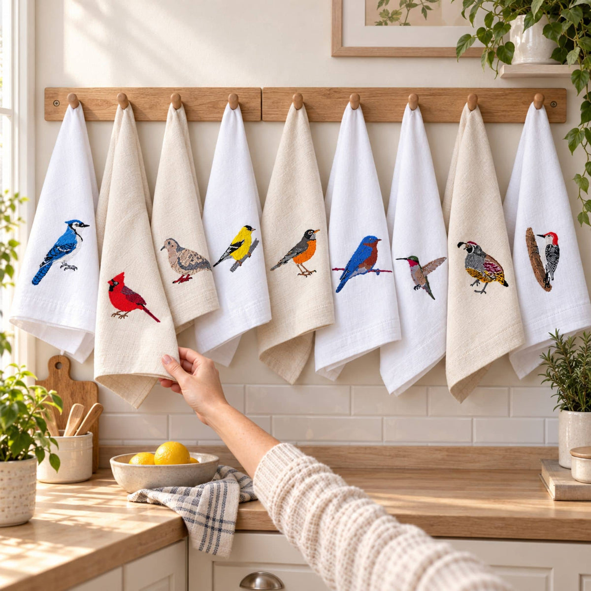 Bird Embroidered Cotton Tea Towels - Handmade Kitchen Gift
