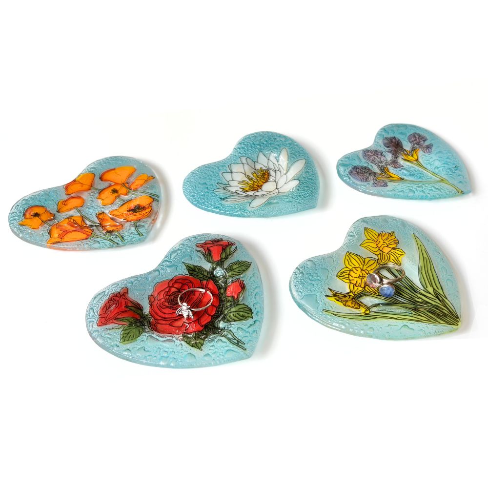 Birth Month Flower Heart Glass Ring Dish