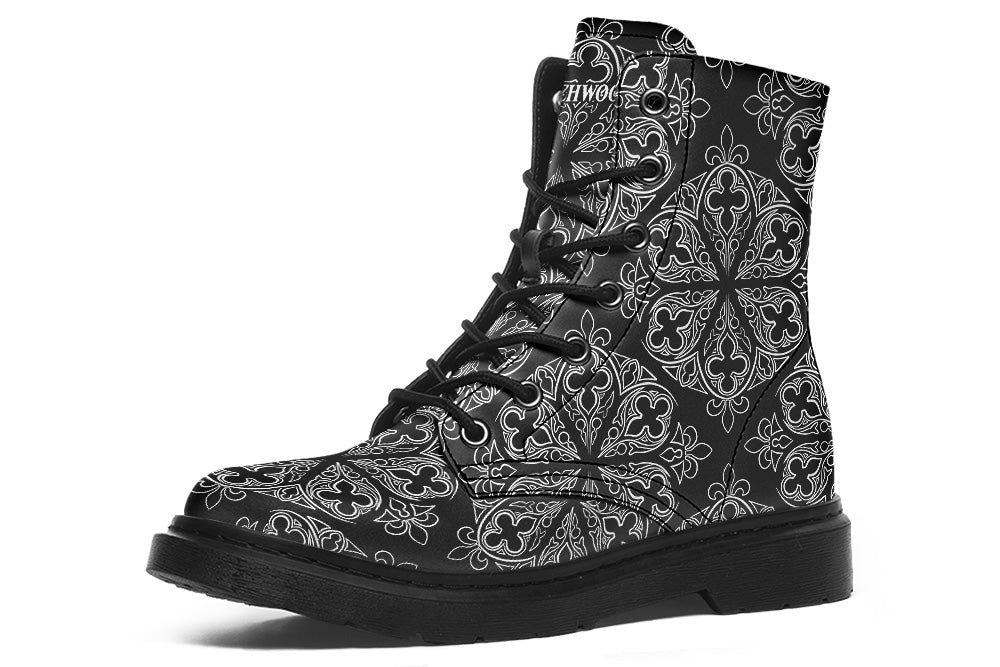 Vegan Ankle Boots - Gothic Ornaments B/W