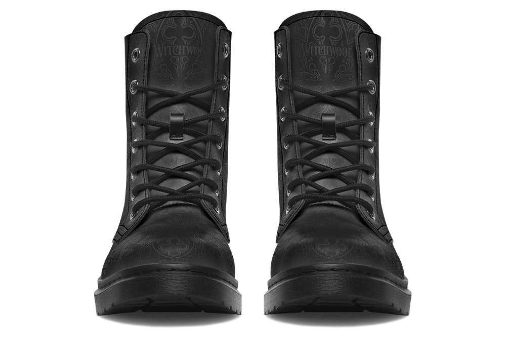 Vegan Ankle Boots - Gothic Ornaments - Black on Black