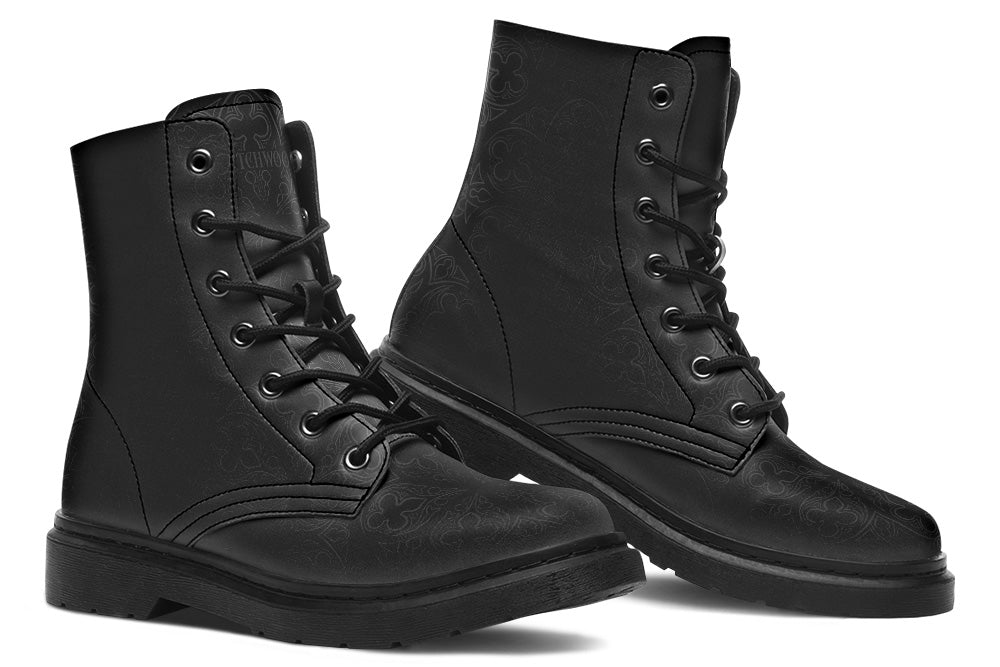 Vegan Ankle Boots - Gothic Ornaments - Black on Black
