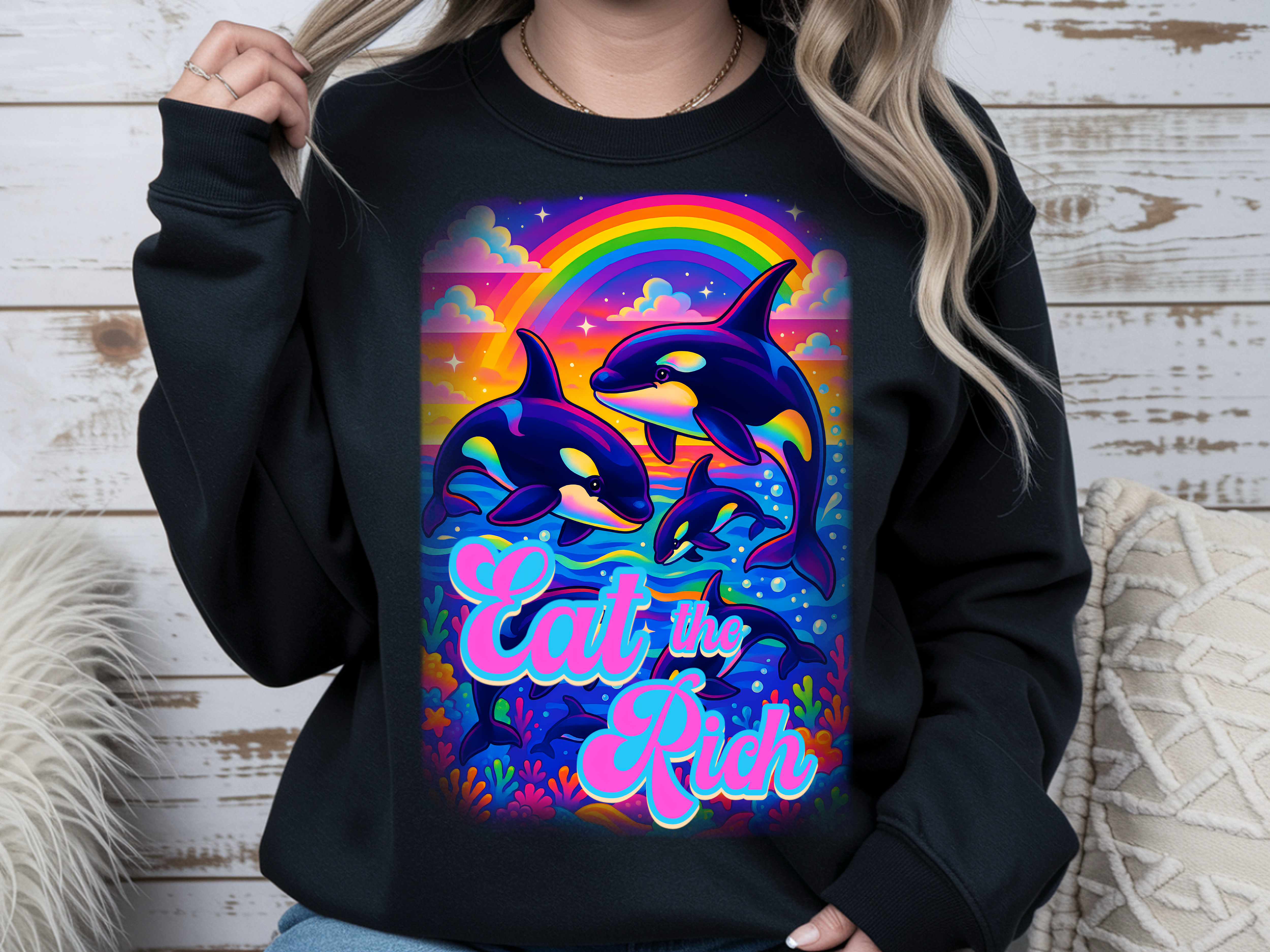 Bespattered Facade Whimsical "Eat the Rich" Orcas Unisex Heavy Blend™ Crewneck Sweatshirt