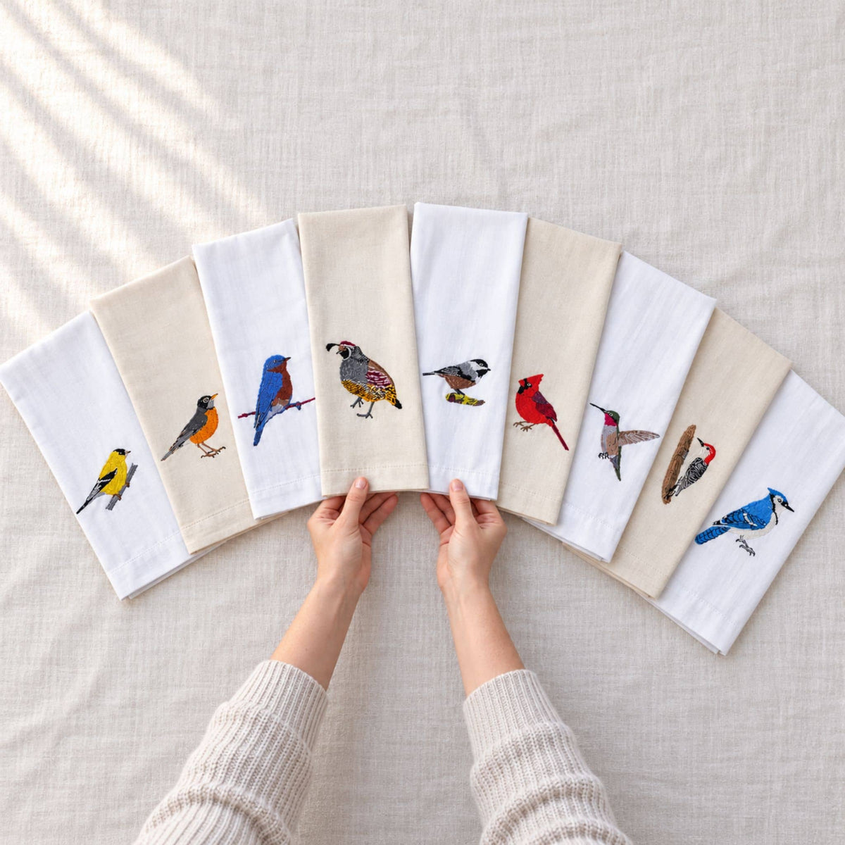 Bird Embroidered Cotton Tea Towels - Handmade Kitchen Gift