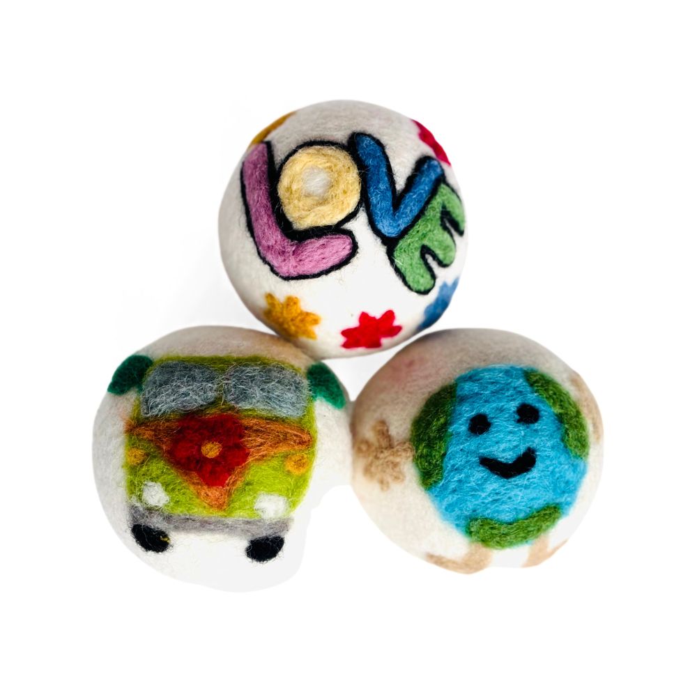 Set of 3 Eco Wool Dryer Balls - Hippie Love
