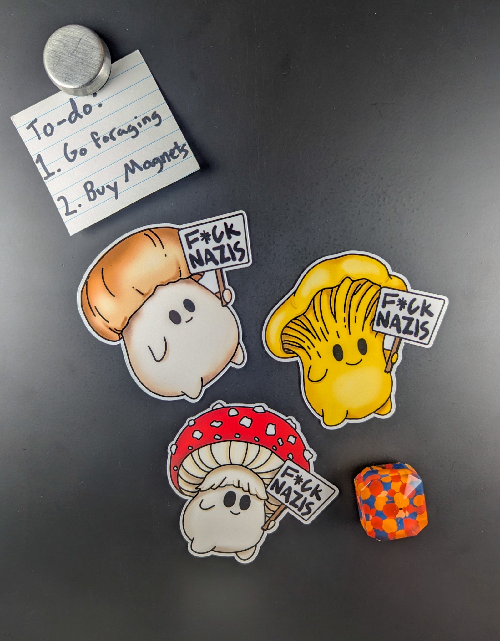 "Fuck Nazis" Mushroom Magnet Trio | Censored Version (F*ck Nazis) Available | Chanterelle, Amanita and Porcini Mushrooms