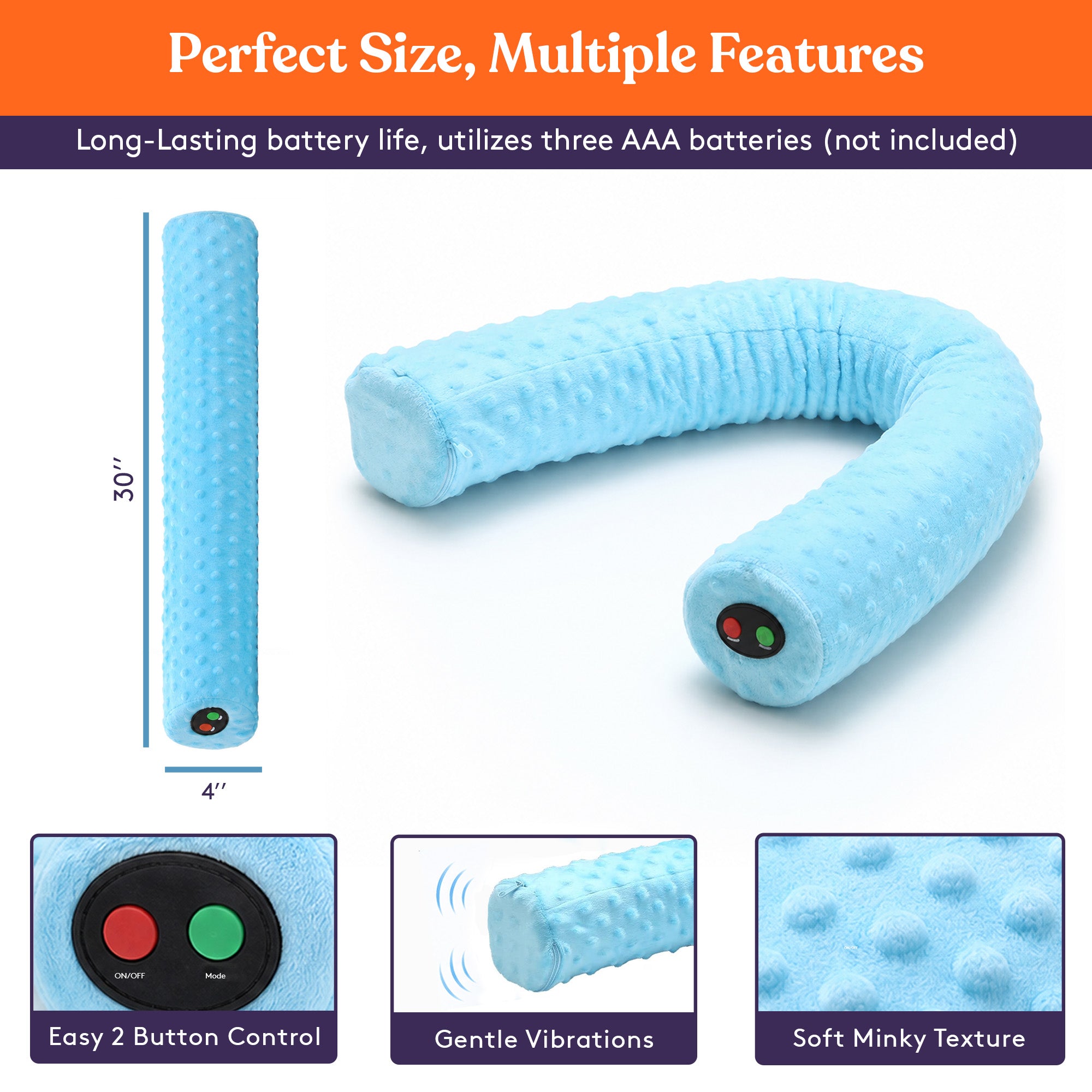 Special Supplies Sensory Vibrating Neck Pillow for Kids and Adults Plush Velvet Soft Cover with Textured Therapy Stimulation, Mind and Body Calming Relaxation- Blue