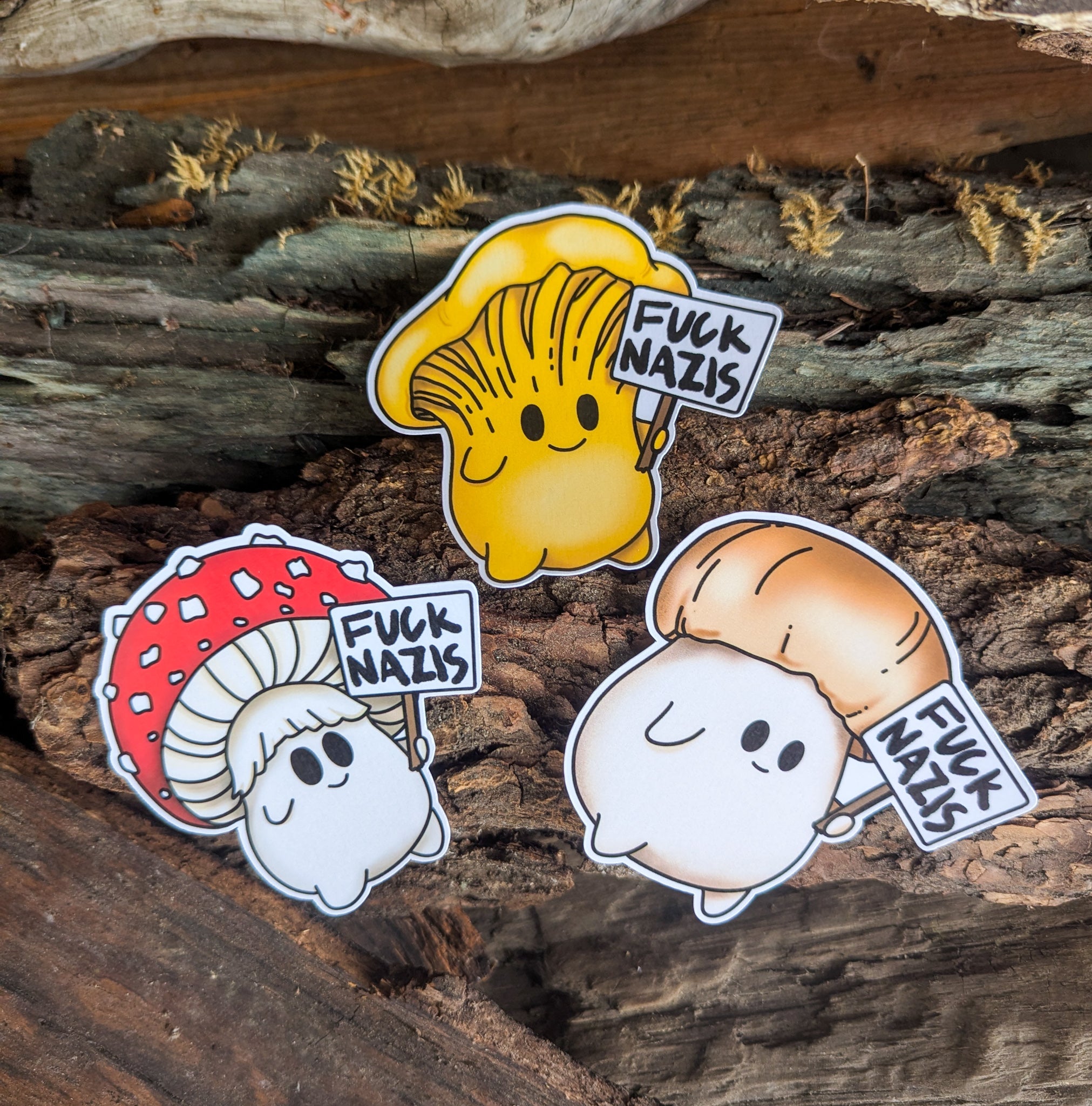 "Fuck Nazis" Mushroom Sticker Trio | Chanterelle, Amanita and Porcini Mushrooms Holding Picket Signs
